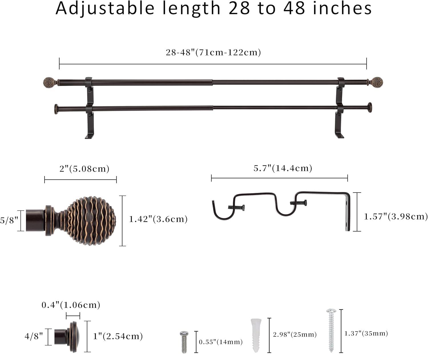 Oil-Rubbed Bronze Adjustable Double Curtain Rod Set, 28-48 inch