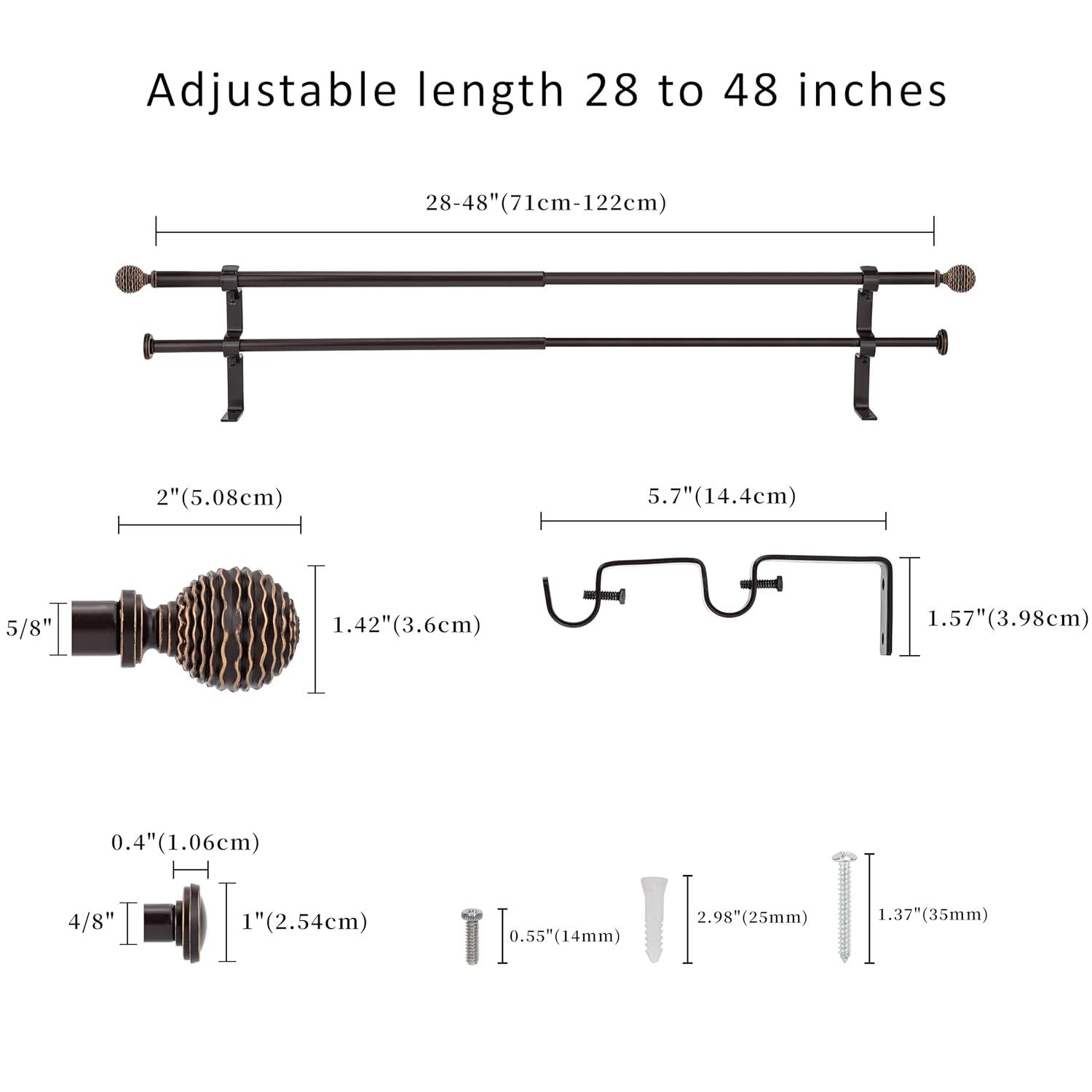 Oil-Rubbed Bronze Adjustable Double Curtain Rod Set, 28-48 inch