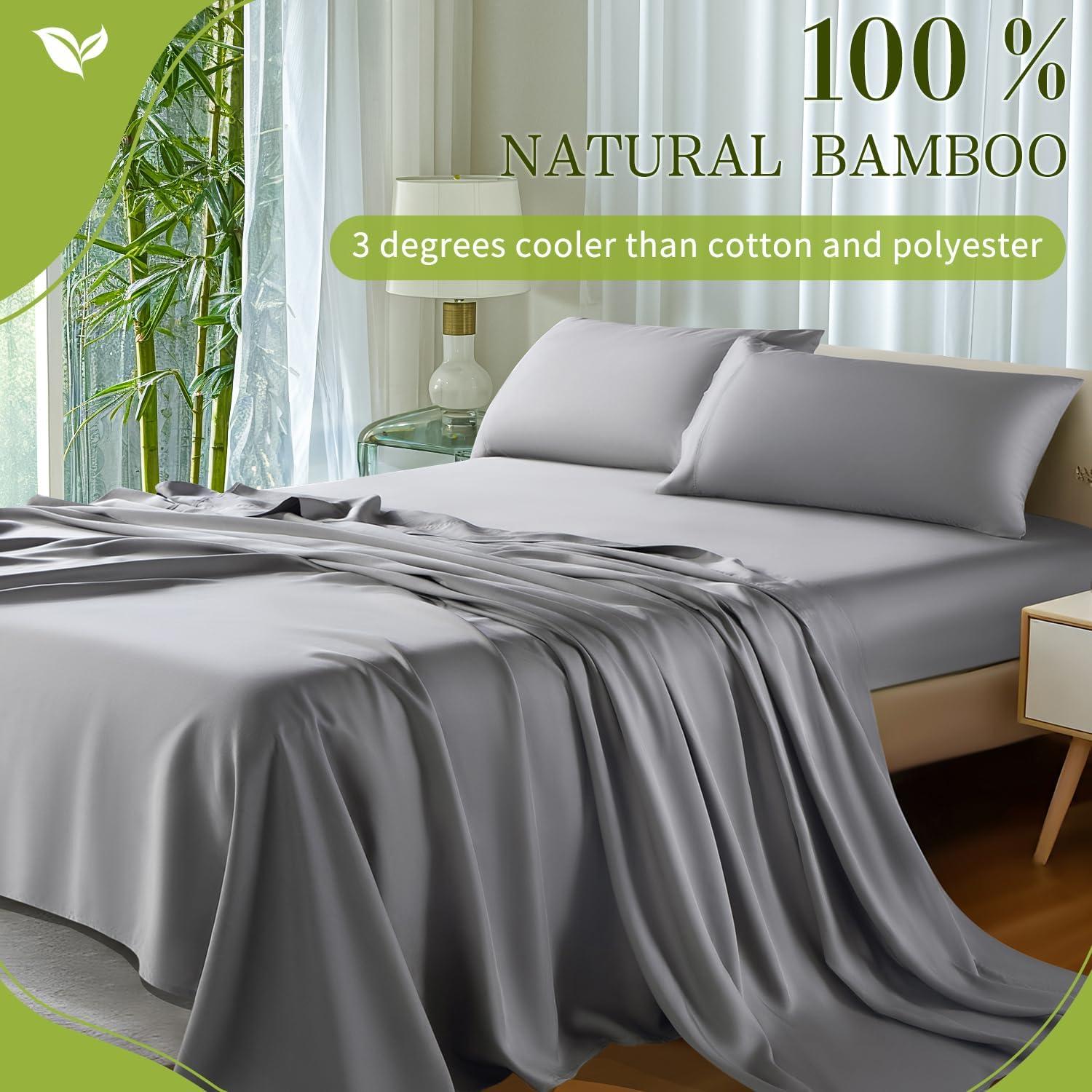 Shilucheng 100% Organic Cooling Bamboo Bed Sheets, King Sheet Sets 4 PC, 1800 Series Sheets with 16" Deep Pocket, Gray