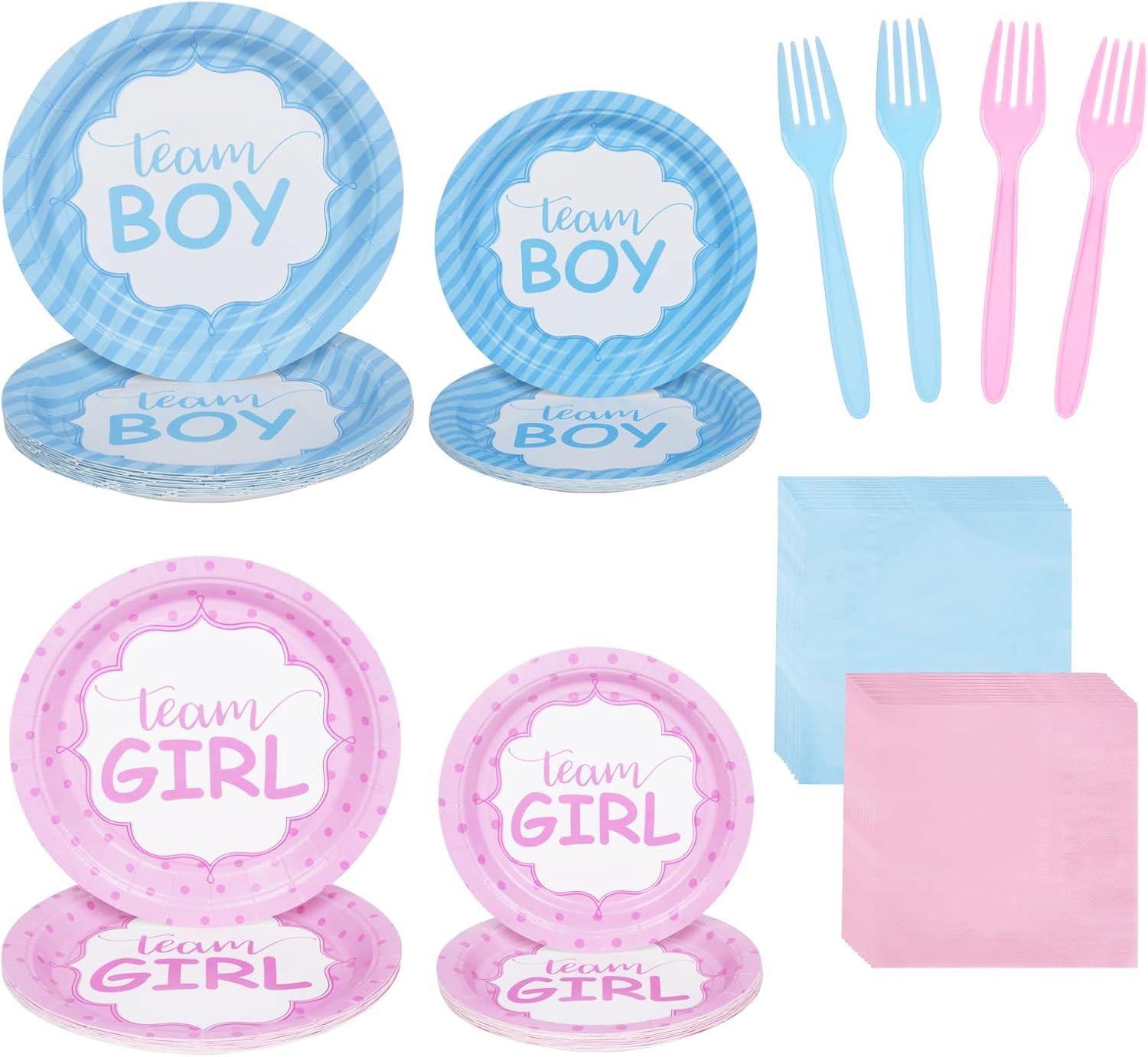 DECORLIFE Gender Reveal AJH3 Plates Serves 24, Boy or Girl Gender Reveal Party Supplies Includes Napkins and Forks for Baby Shower Reveal Party Decorations, Total 96PCS