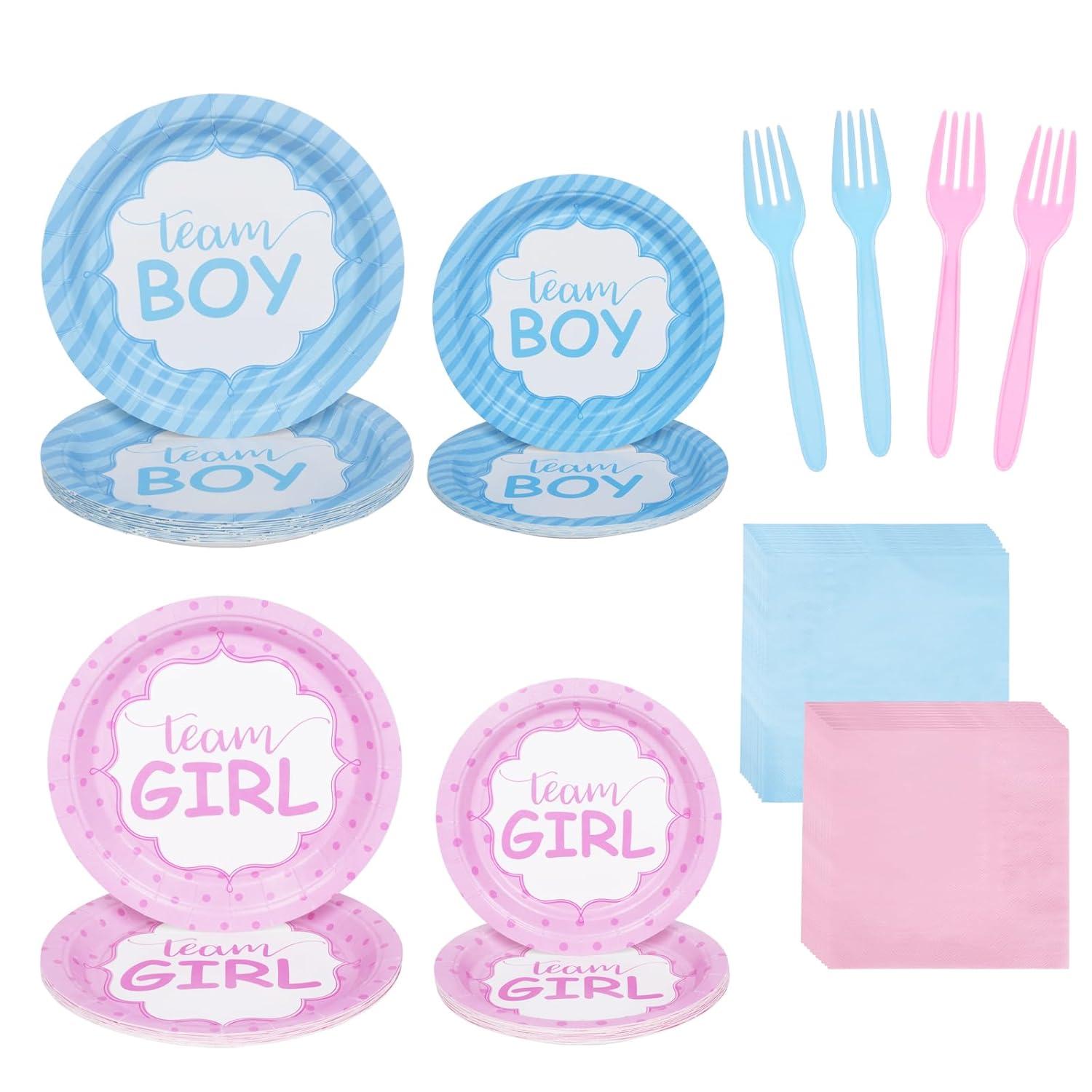 DECORLIFE Gender Reveal AJH3 Plates Serves 24, Boy or Girl Gender Reveal Party Supplies Includes Napkins and Forks for Baby Shower Reveal Party Decorations, Total 96PCS