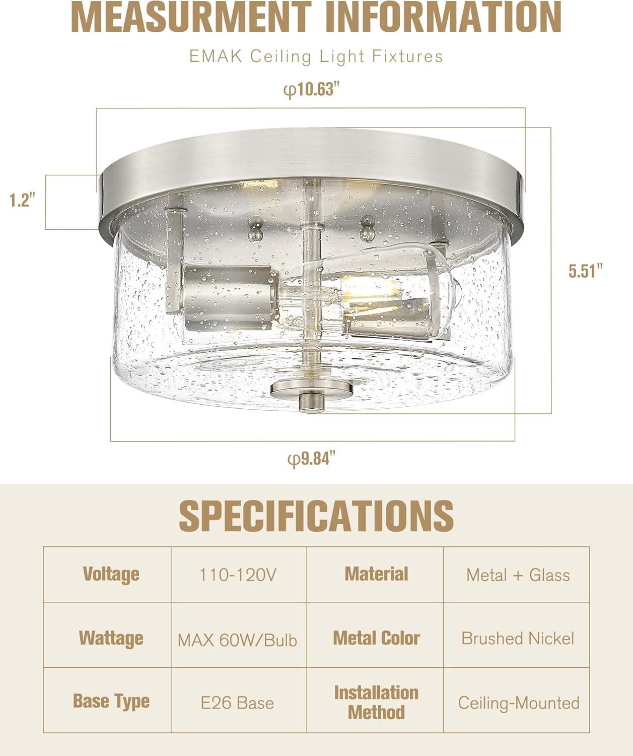 Brushed Nickel 2-Light Round Flush Mount with Seeded Glass Shade