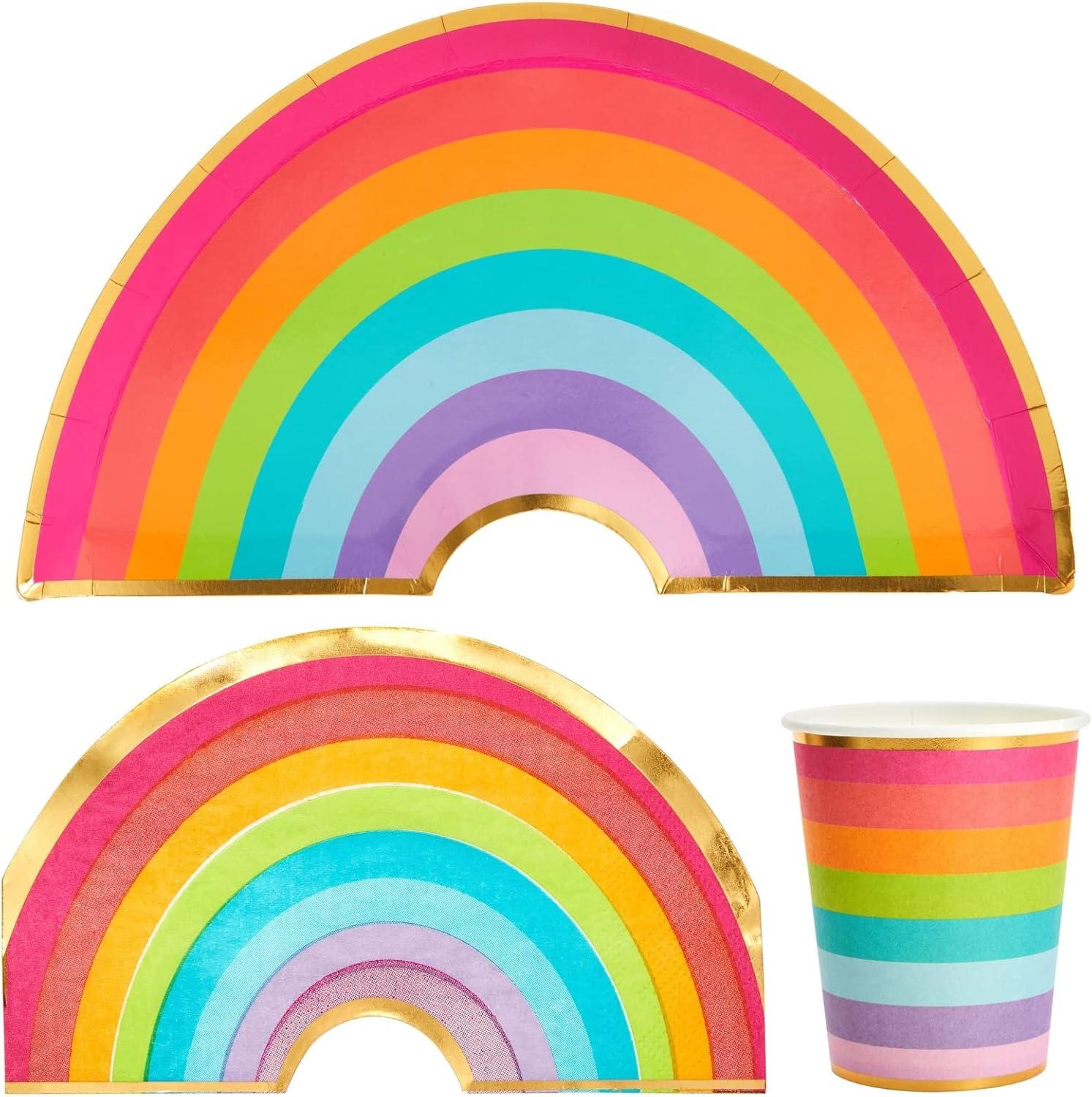 72 Piece Rainbow Party Dinnerware Set - Serves 24 Disposable Die-Cut Plates, Cups & Napkins - Colorful Rainbow Party Decorations for Birthdays & Events
