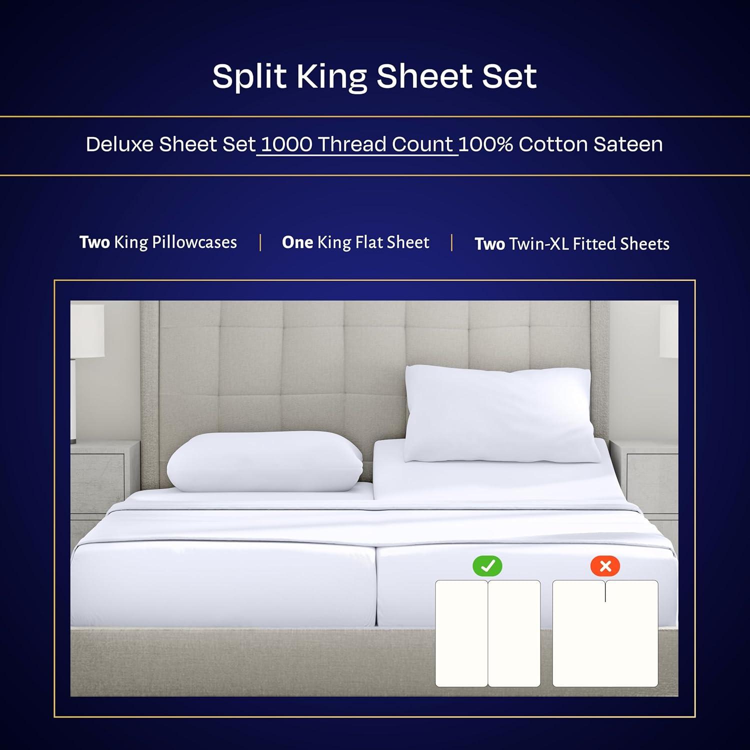 Luxury 1000 Thread Count Bed Sheets Set - 100% Cotton Sateen - Soft, Thick & Deep Pocket by California Design Den - Bright White, Split King