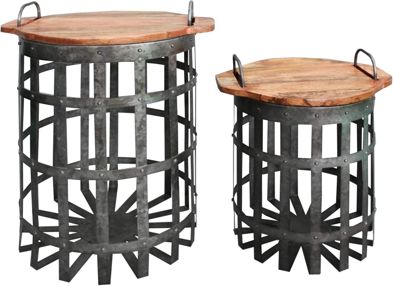 Benzara Set of 2 Industrial Grid Galvanized Accent End Table with Round Lid and Handles Accent Tables Gray/Brown