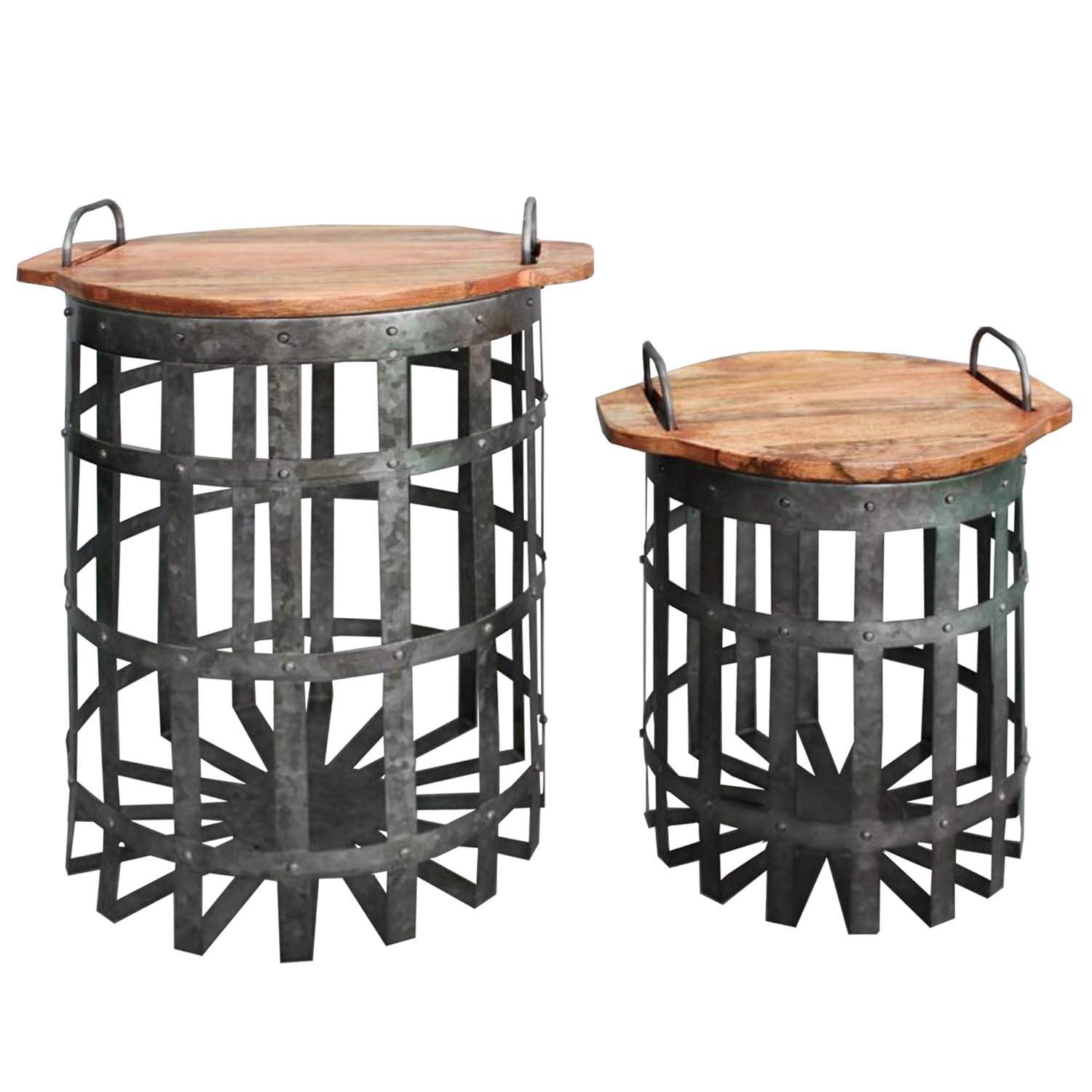 Benzara Set of 2 Industrial Grid Galvanized Accent End Table with Round Lid and Handles Accent Tables Gray/Brown