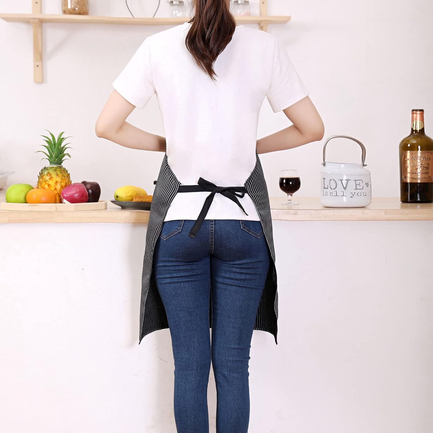 Tosewever 2 Pieces Kitchen Cooking Aprons, Cotton Polyester Blend Adjustable Bib Aprons with 2 Pockets for Women Men Chef Chef (Navy/Black Stripes, 2)