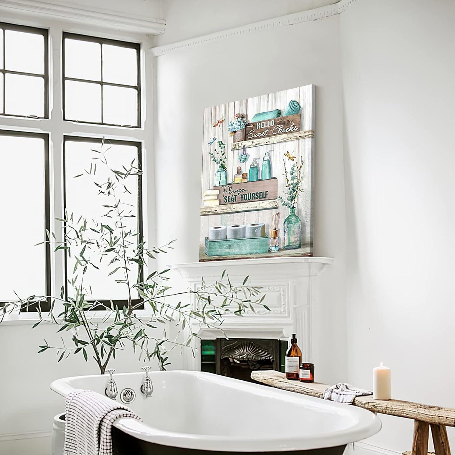 Rustic Bathroom Sign - Turquoise Canvas Wall Art - Modern Home Decor - Framed, Ready To Hang - 12x16 Inch