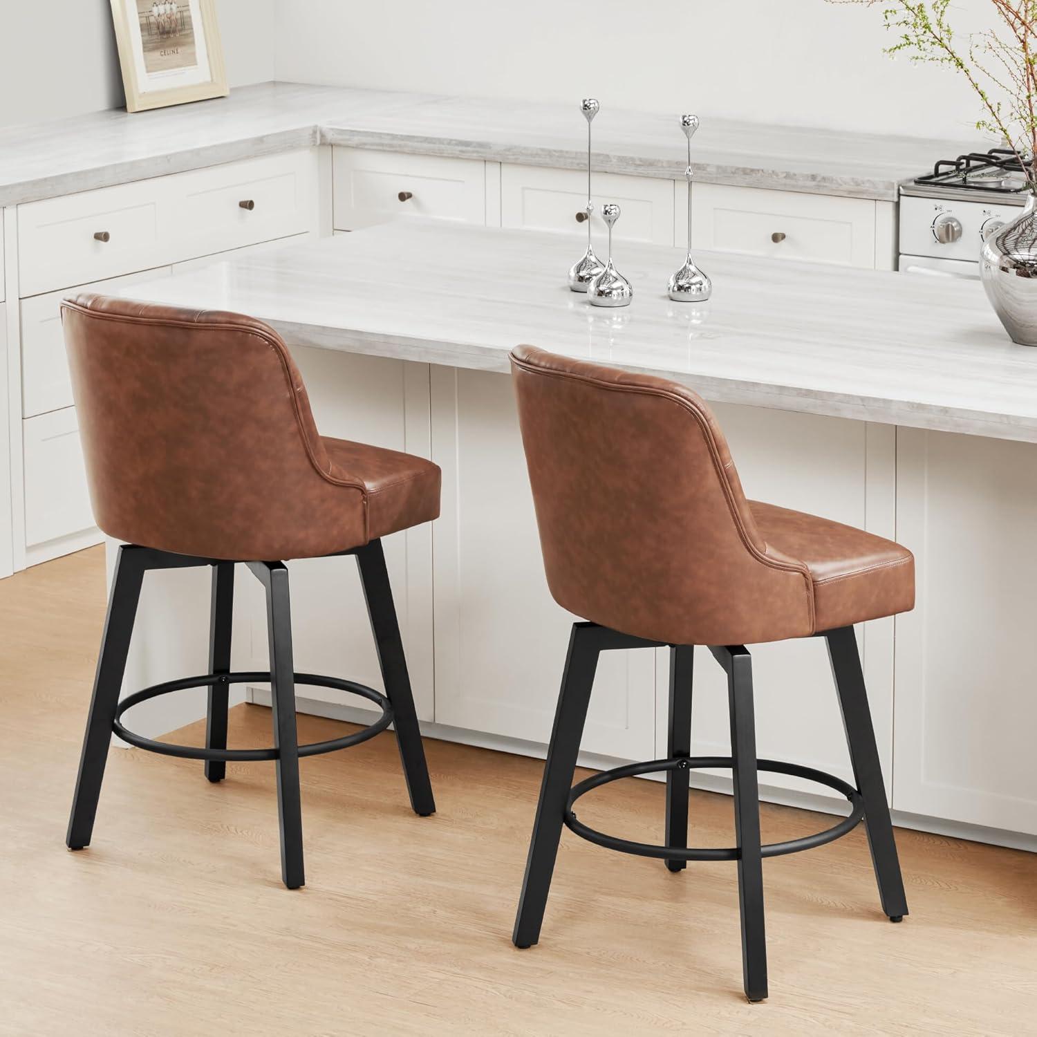 Brown Faux Leather Swivel Counter Height Bar Stools with Metal Legs, Set of 2