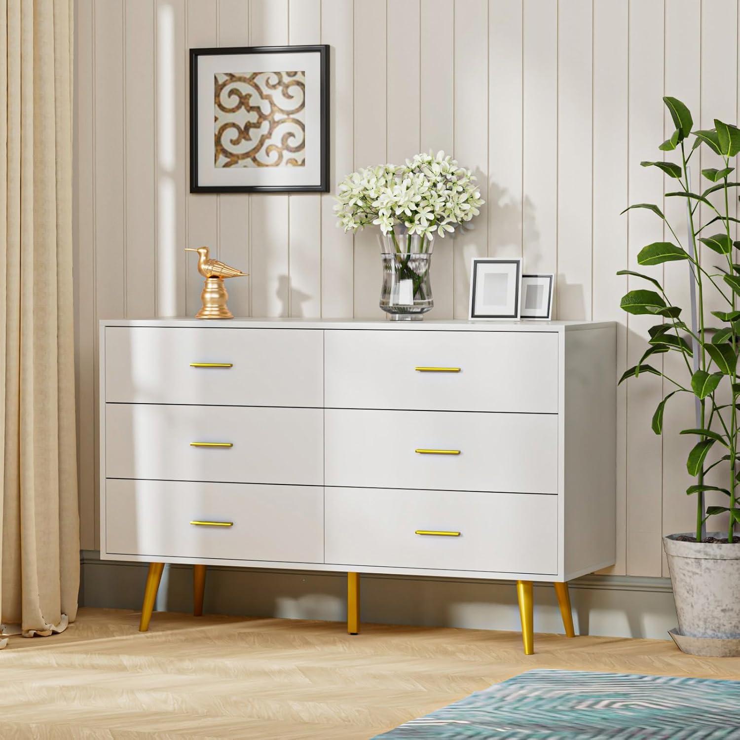 White Dresser with 6 Drawer for Bedroom,  RESOM Modern Chest with Golden Legs & Handles, Wooden Dressers for Living Room, Hallway, Nursery