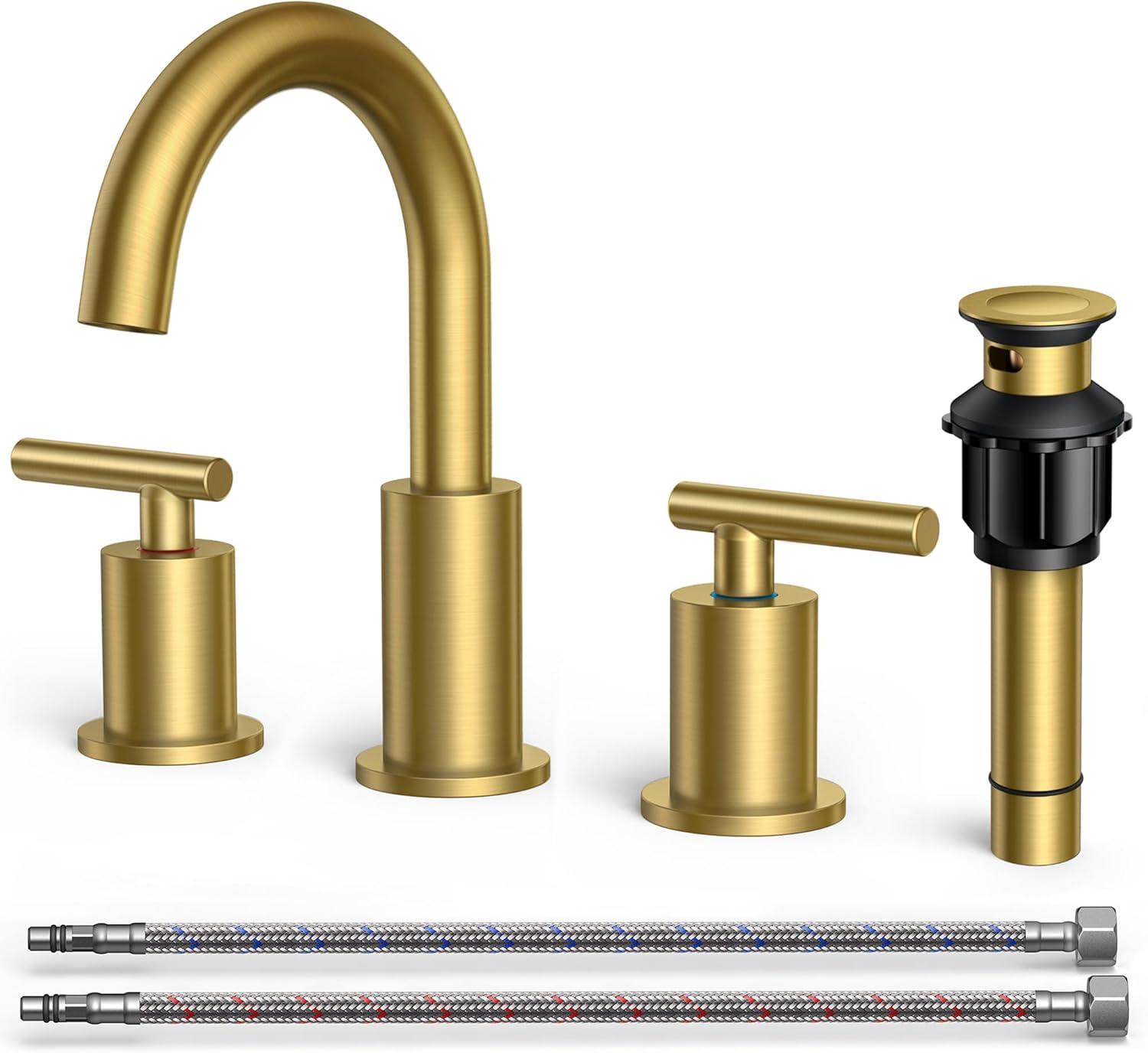 Brushed Gold Brass 3-Hole Bathroom Faucet Set