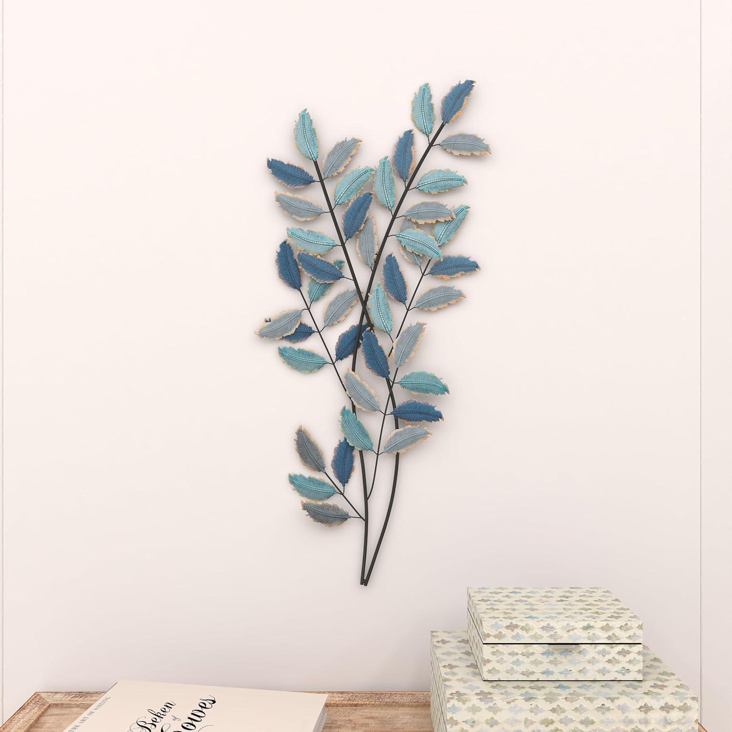 DecMode Blue Metal Leaf Wall Decor with Gold Accents