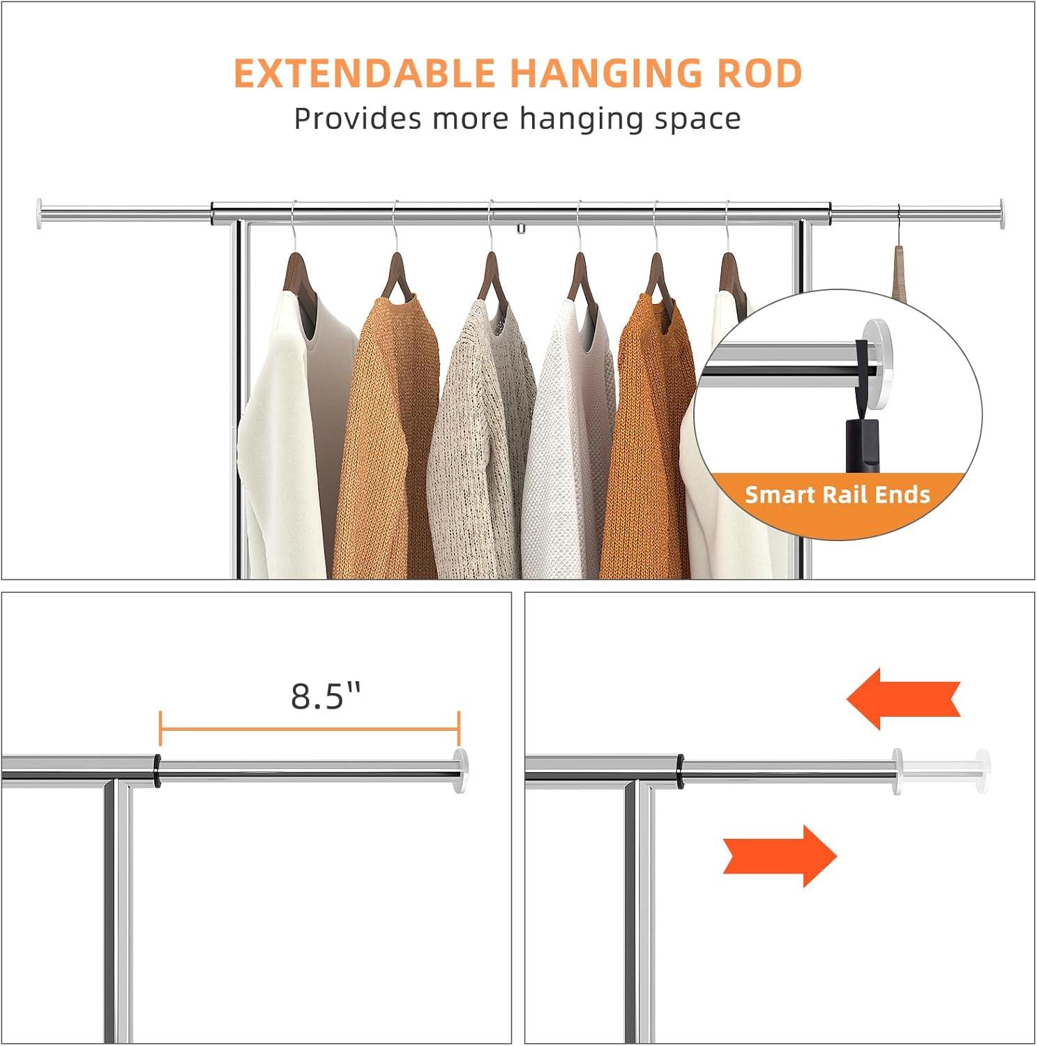 Clothes Rack, Rolling Garment Rack with Bottom Shelf and Rod, Versatile Clothing Coat Rack with Sturdy Metal Frame, Silver