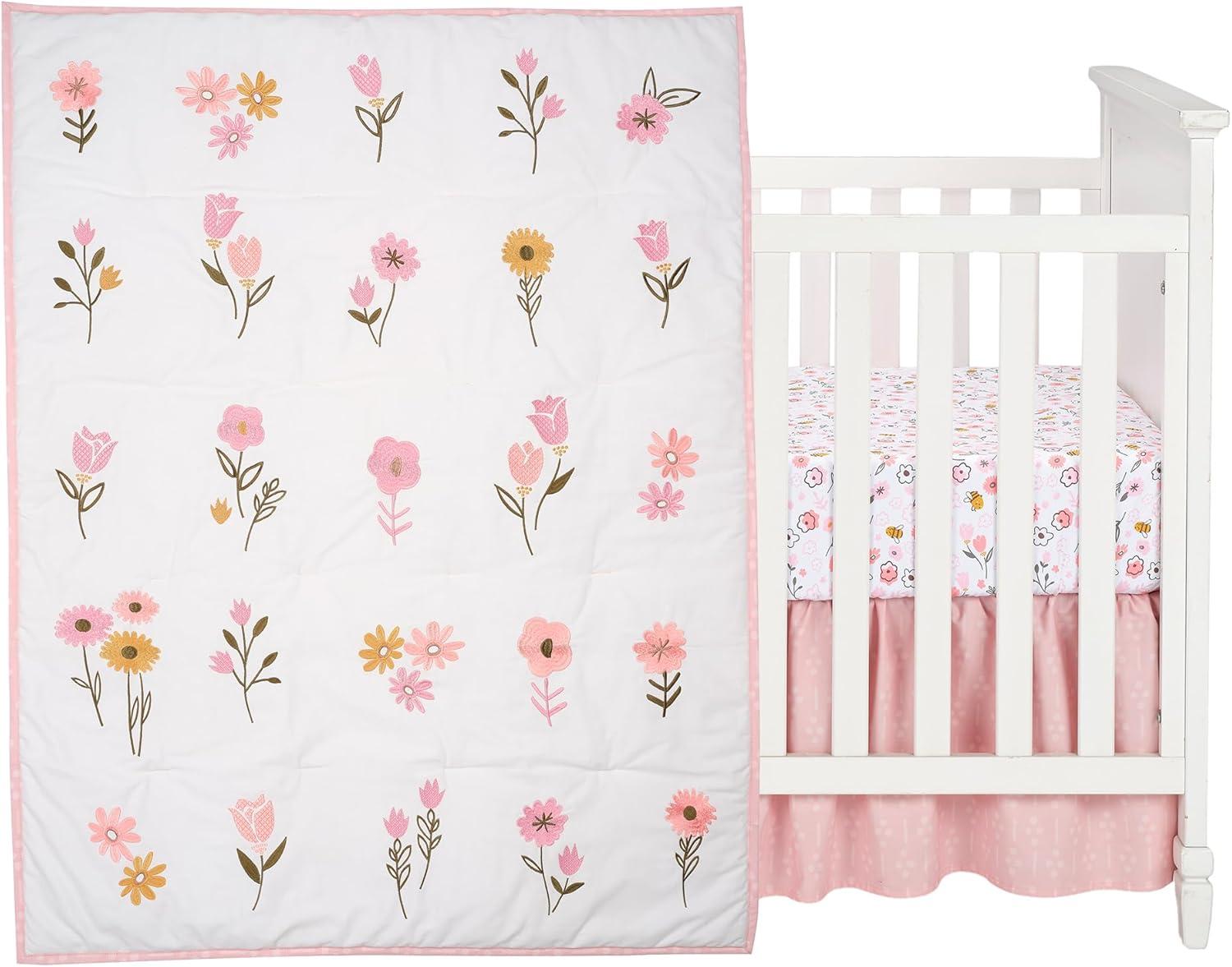 Lambs & Ivy Little Garden 3-Piece Embroidered Floral Baby Crib Bedding Set
