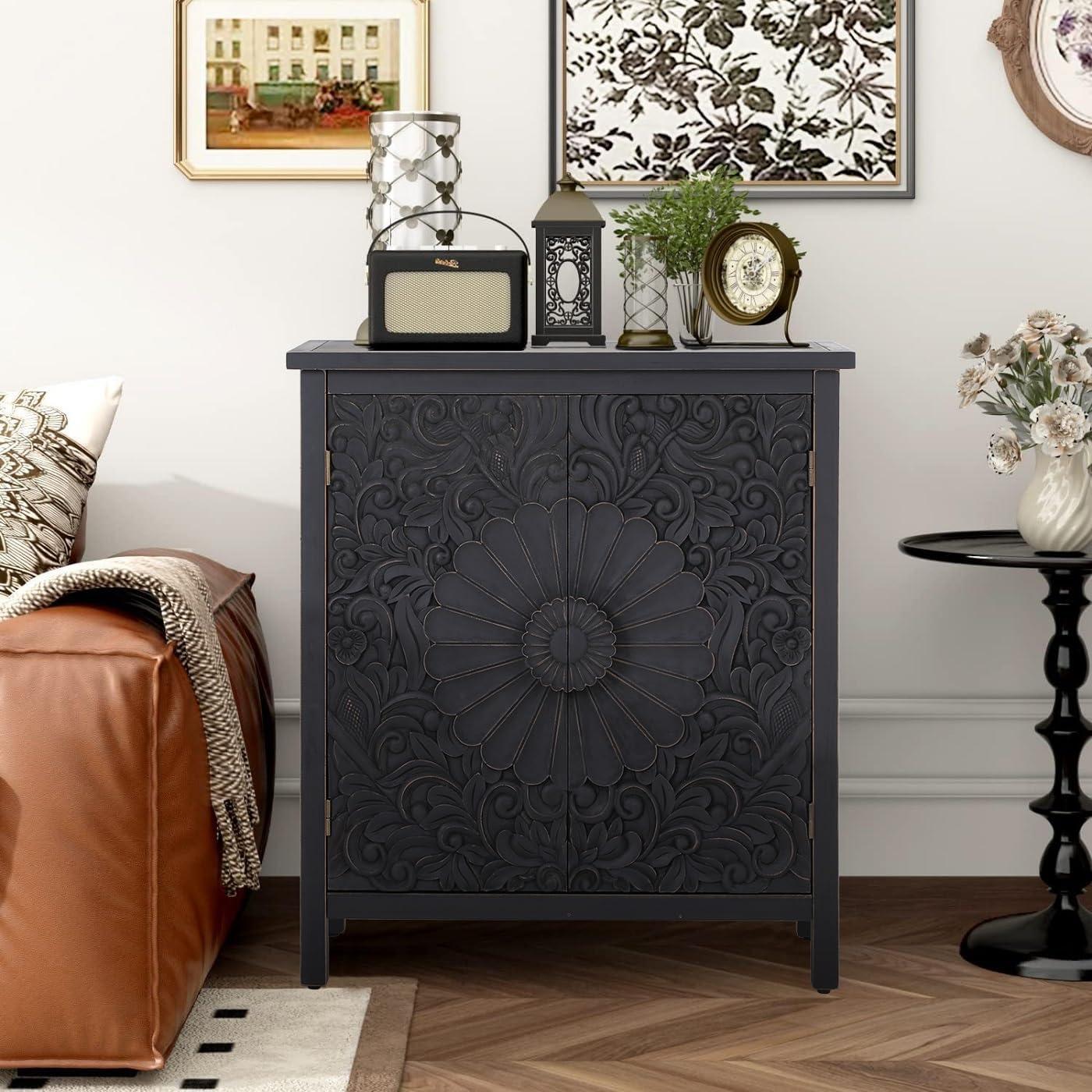 Black Carved Floral Pattern 2-Door Accent Cabinet