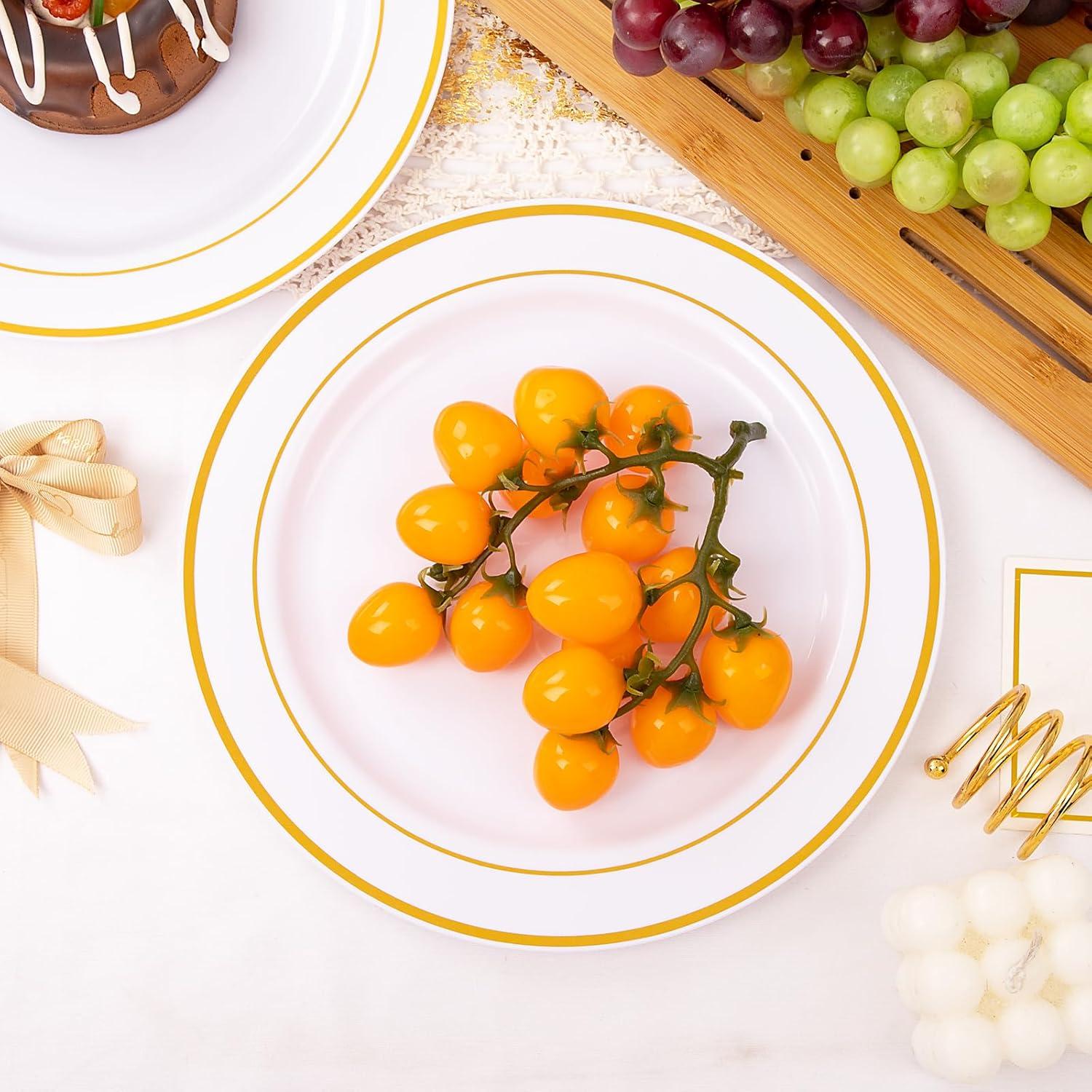 I00000 60pcs Plastic Gold Plates,10.25 inch Gold Rimmed Dinner Plates, White Disposable Plates, Parties or Wedding