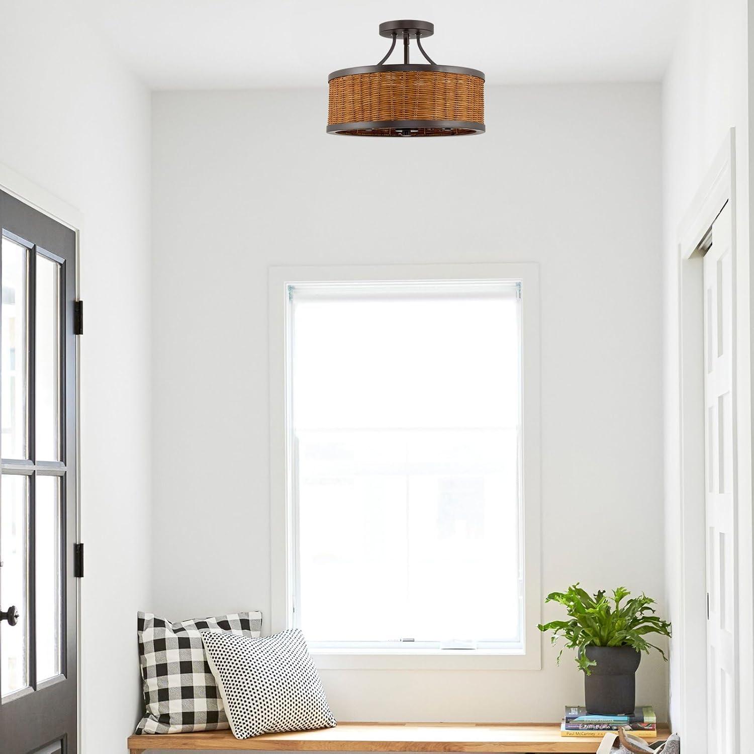 Kira Home Zora 15" 3-Light Modern Semi Flush Mount Ceiling Light + Rattan Wicker Drum Shade, Oil Rubbed Bronze Finish