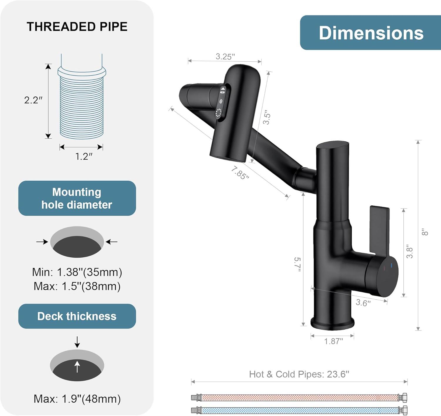 Lefton BF2204-3 Lefton Rotatable Single Hole Bathroom Faucet with Temperature Display BF2204