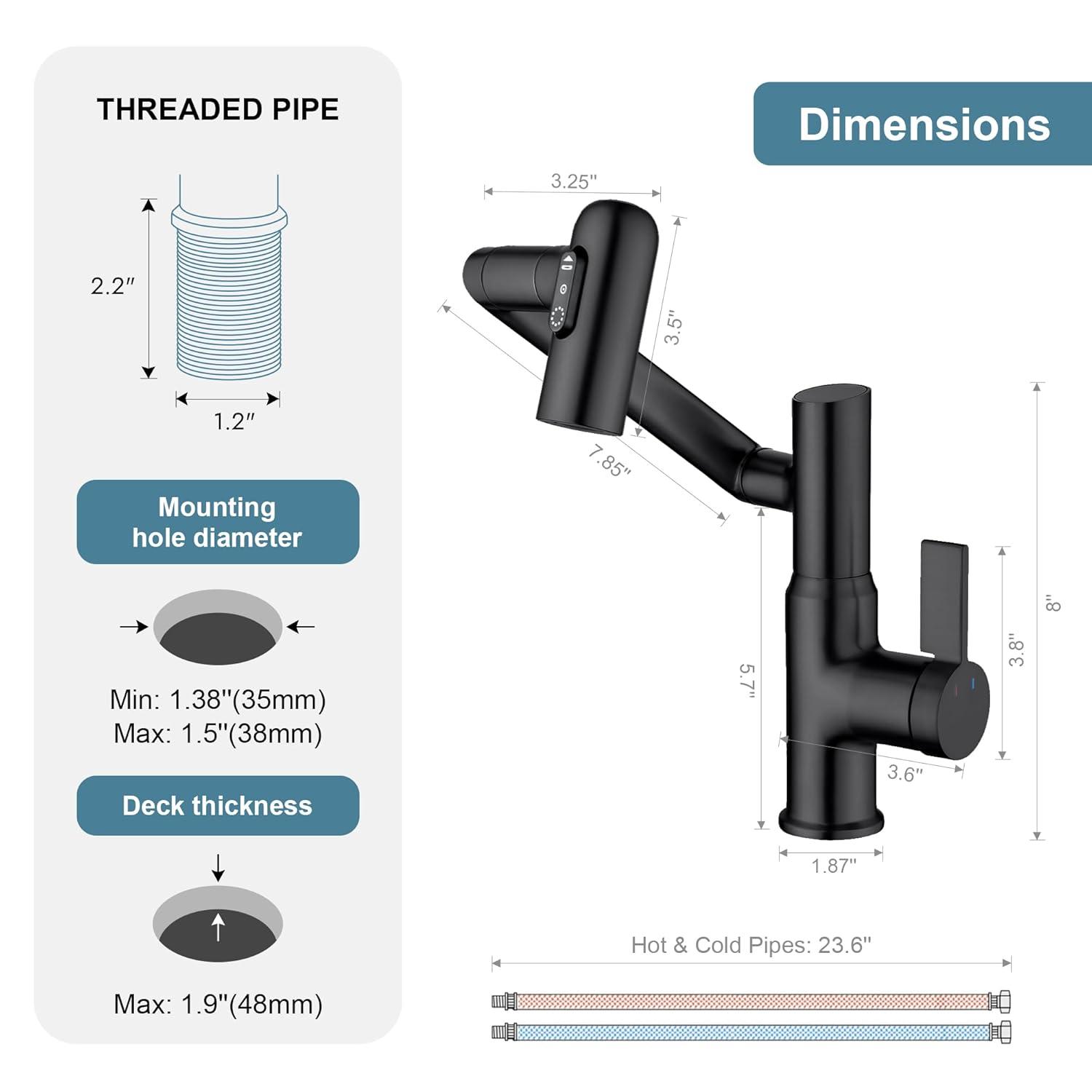 Lefton BF2204-3 Lefton Rotatable Single Hole Bathroom Faucet with Temperature Display BF2204
