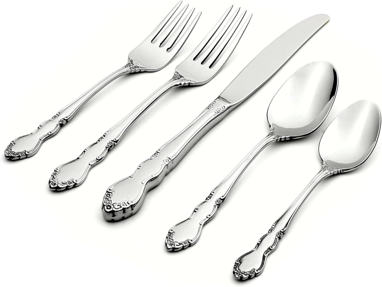 Dover 20-Piece Stainless Steel Flatware Set with Floral Design