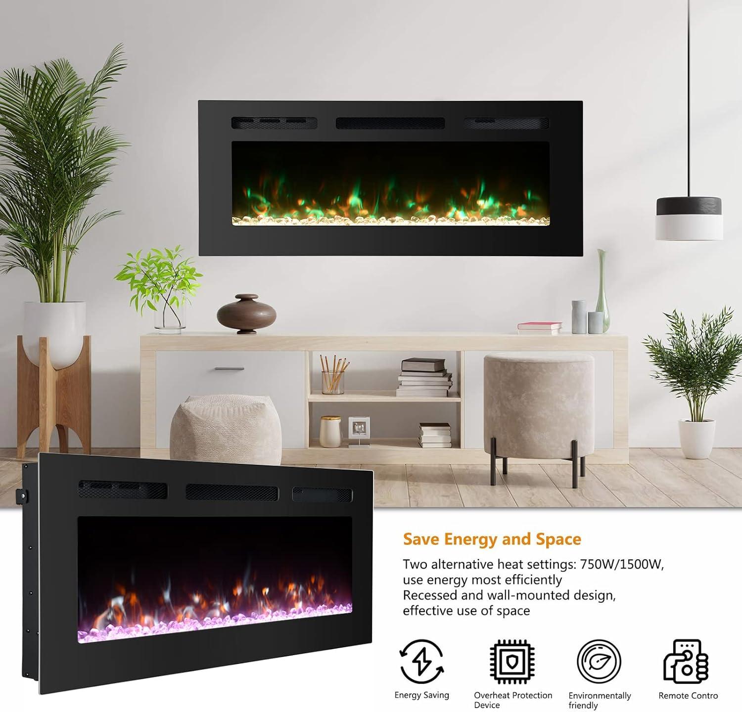 Tangkula 36"/40"/50" Recessed Electric Fireplace Wall Mounted Heater w/Remote Control 750W/1500W mode Adjustable Flame