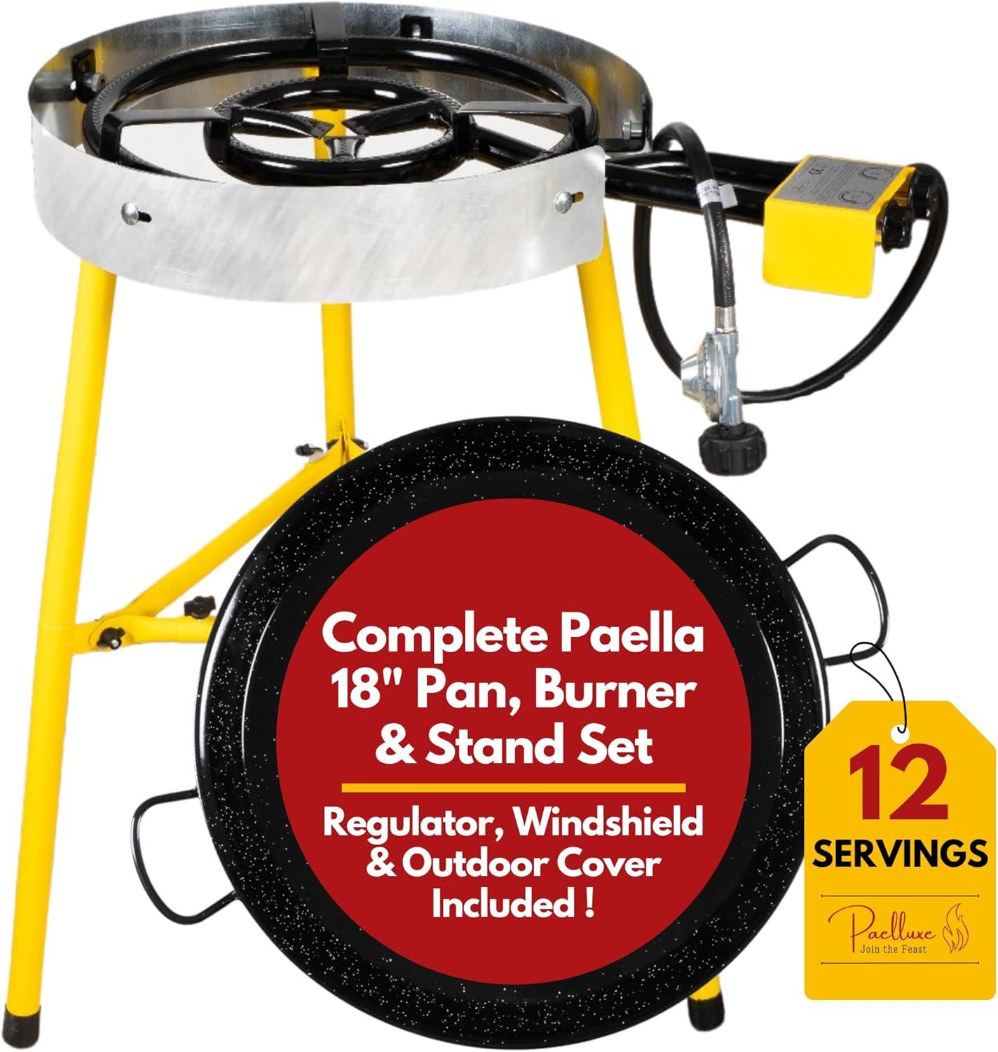 Paelluxe Paella Burner and Stand Set 20 Servings, 24 Inch Paella Pan, Dual Propane Outdoor Stove with Stand & Regulator, Portable Gas Cooker for Camping Crawfish Boil Cooking Outdoor, Paellera Propano