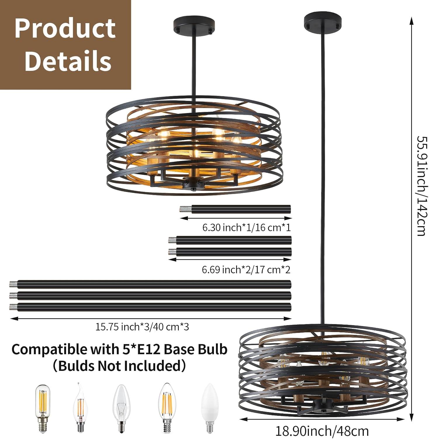Dining Room Lighting Fixture, 5-Light Farmhouse Black Chandelier Drum Light, Round Metal with Retro Wood Texture Interior, E12 Bulbs Not Included