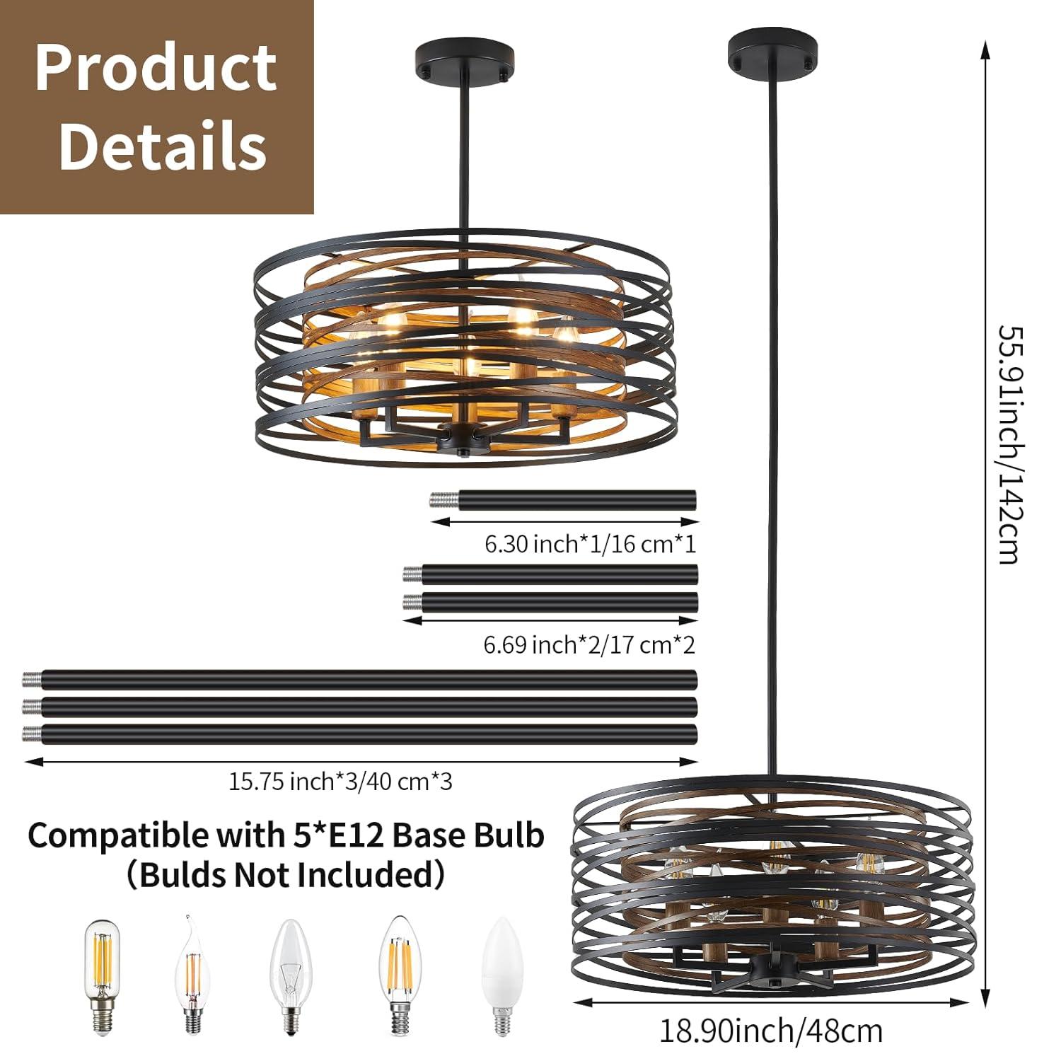 Dining Room Lighting Fixture, 5-Light Farmhouse Black Chandelier Drum Light, Round Metal with Retro Wood Texture Interior, E12 Bulbs Not Included