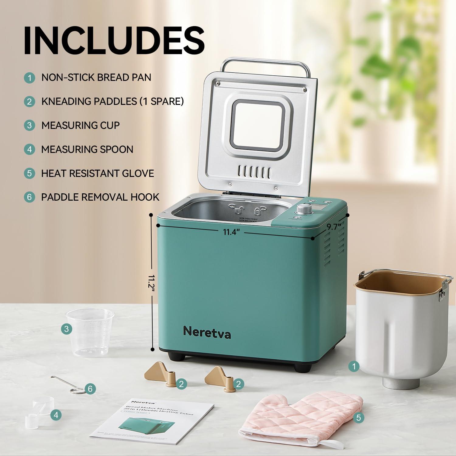 Neretva Bread Maker, 20-in-1 Automatic Bread Machine with Dual Heaters, 2LB Ceramic Pan, Stainless Steel, Green