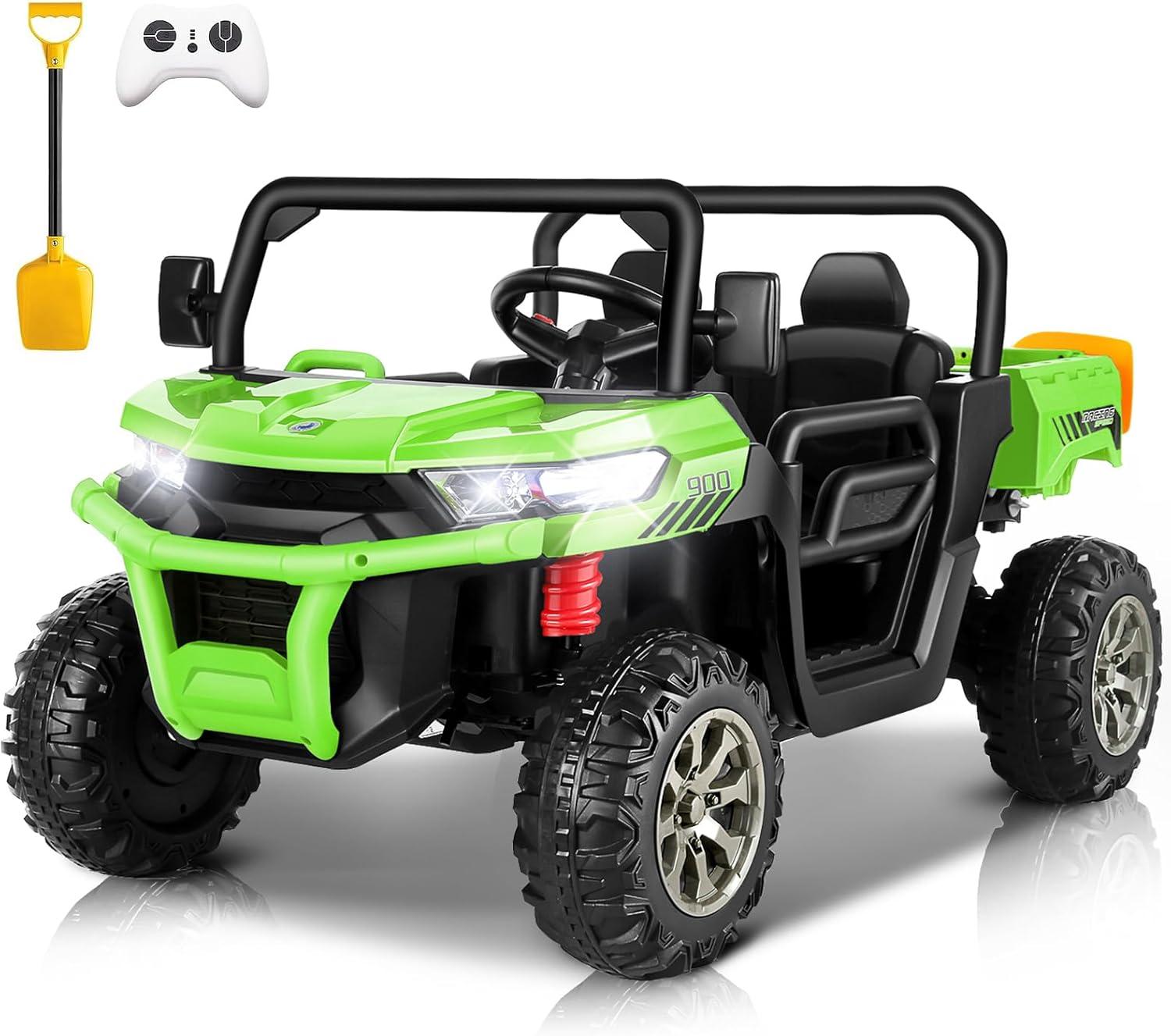 VIBESPARK 24 Volt Ride on Toys with Dump Bed, 2-Seater Ride on Dump Truck, 2×200W Electric Car for Kids Ride on UTV w/ Remote Control, Shovel, Bluetooth, Music, LED Light, 5MPH, Blue