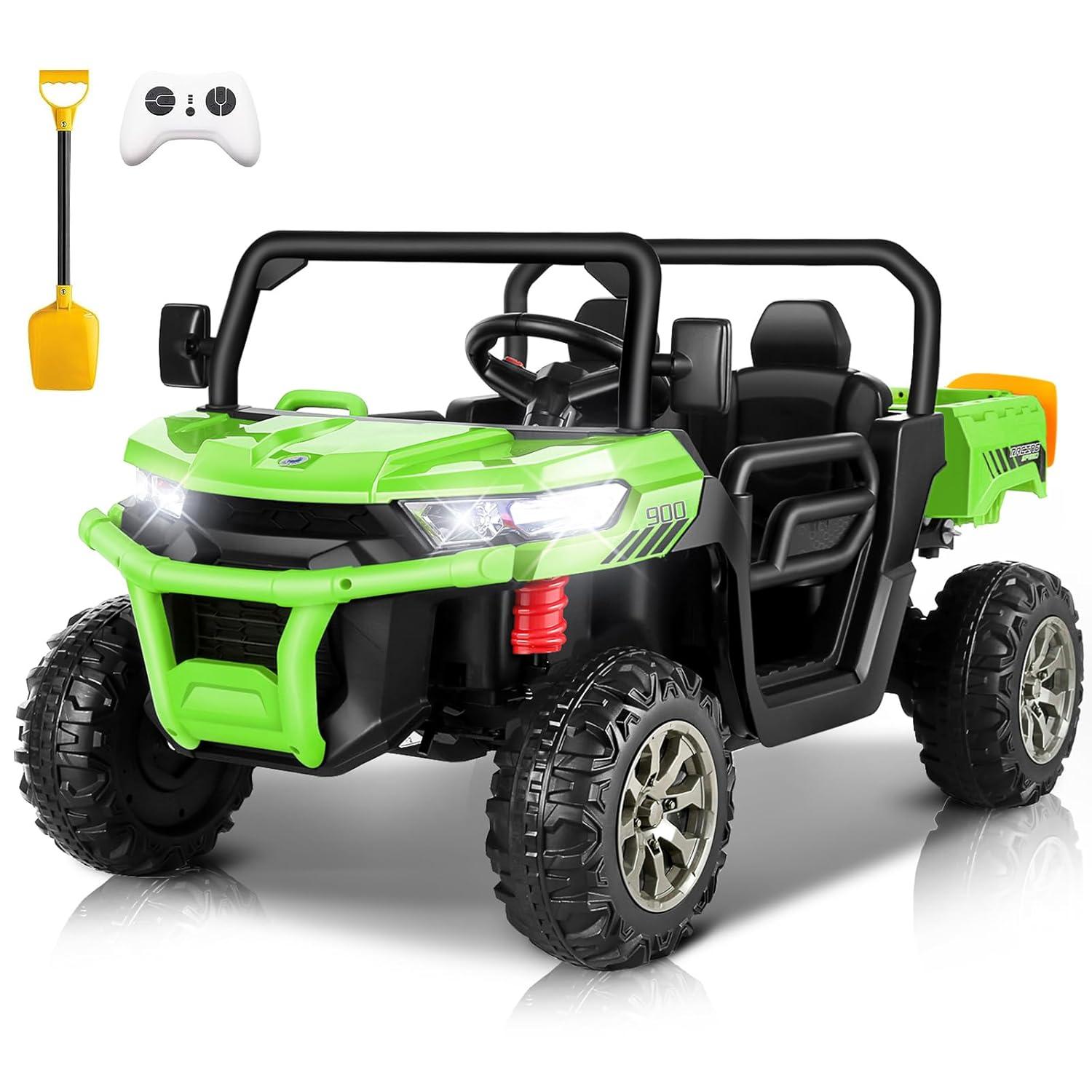 VIBESPARK 24 Volt Ride on Toys with Dump Bed, 2-Seater Ride on Dump Truck, 2×200W Electric Car for Kids Ride on UTV w/ Remote Control, Shovel, Bluetooth, Music, LED Light, 5MPH, Blue