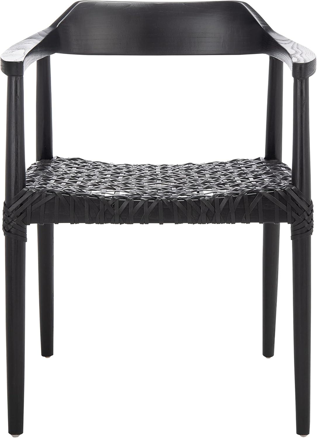 SAFAVIEH Munro Leather Woven Accent Chairs, Black (Sungkai Wood Frame)/Black (Leather Seat) (22 in. W x 20.5 in. D x 28.5 in. H)