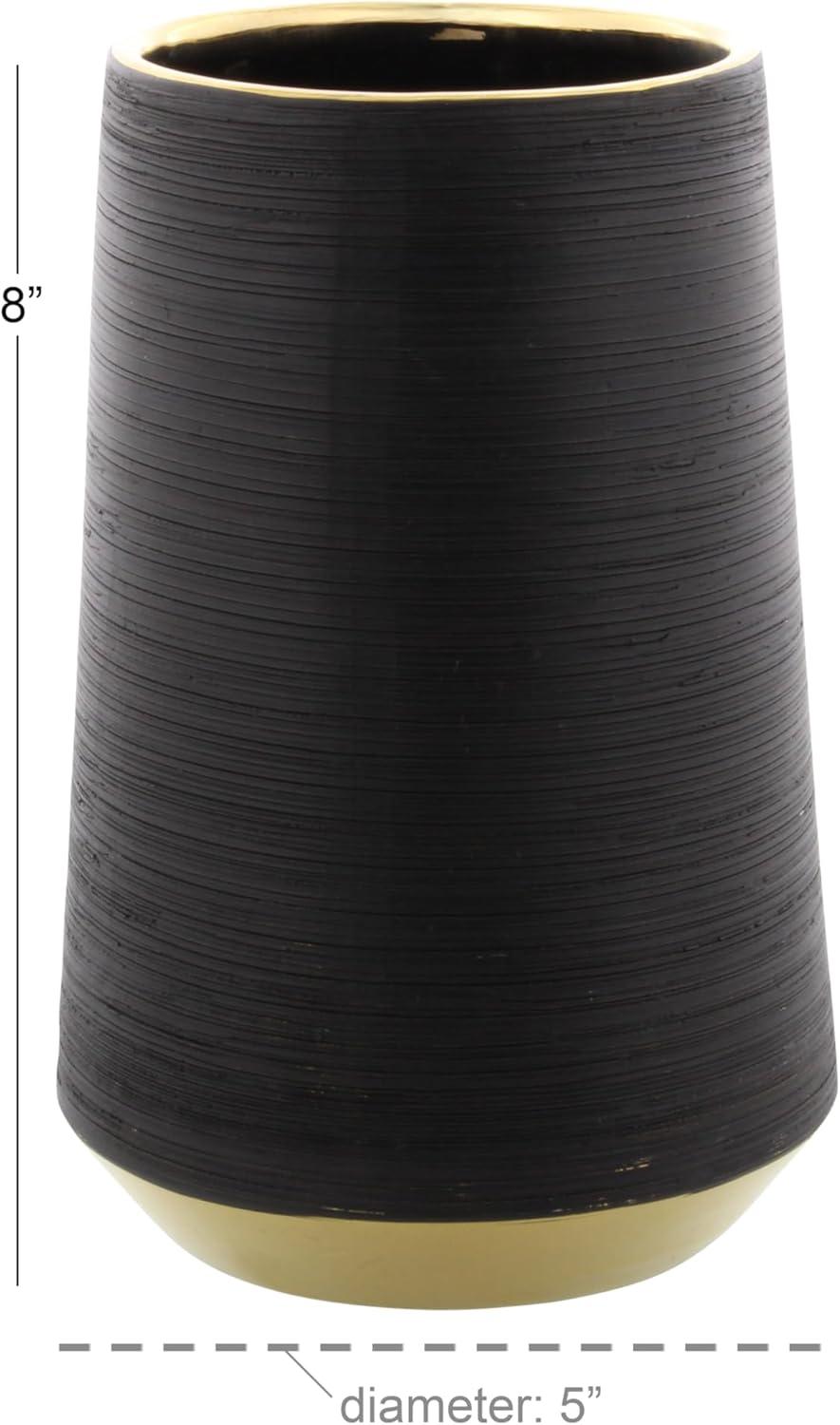 CosmoLiving by Cosmopolitan 8" Ribbed Black Porcelain Ceramic Vase with Gold accents