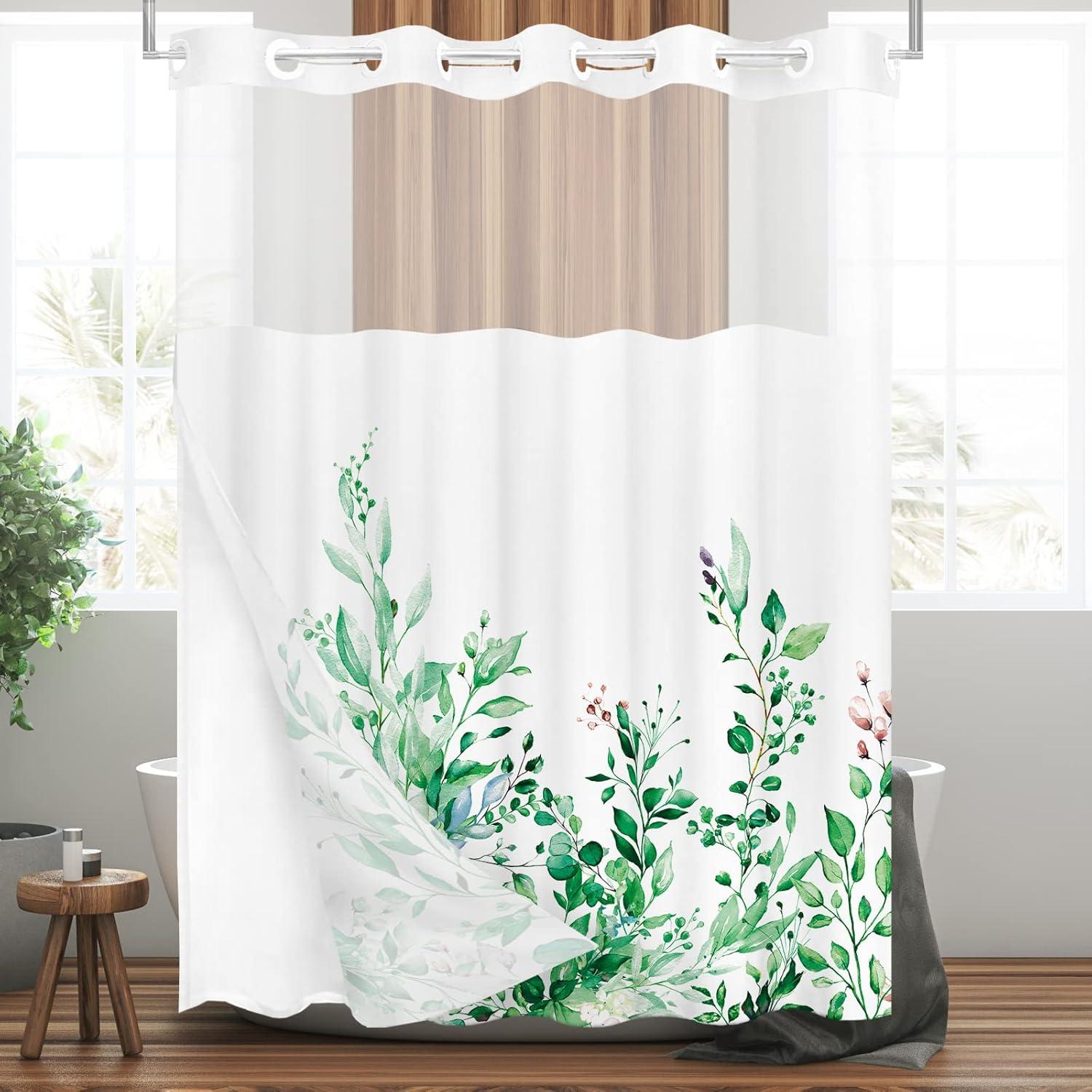 No Hook Shower Curtain with Snap in Liner, Eucalyptus Leaf Vintage Sage Green Leaves Hotel Shower Curtains for Bathroom, Washable Shower Curtain Liner Set with Mesh Top Window, 66"x72"