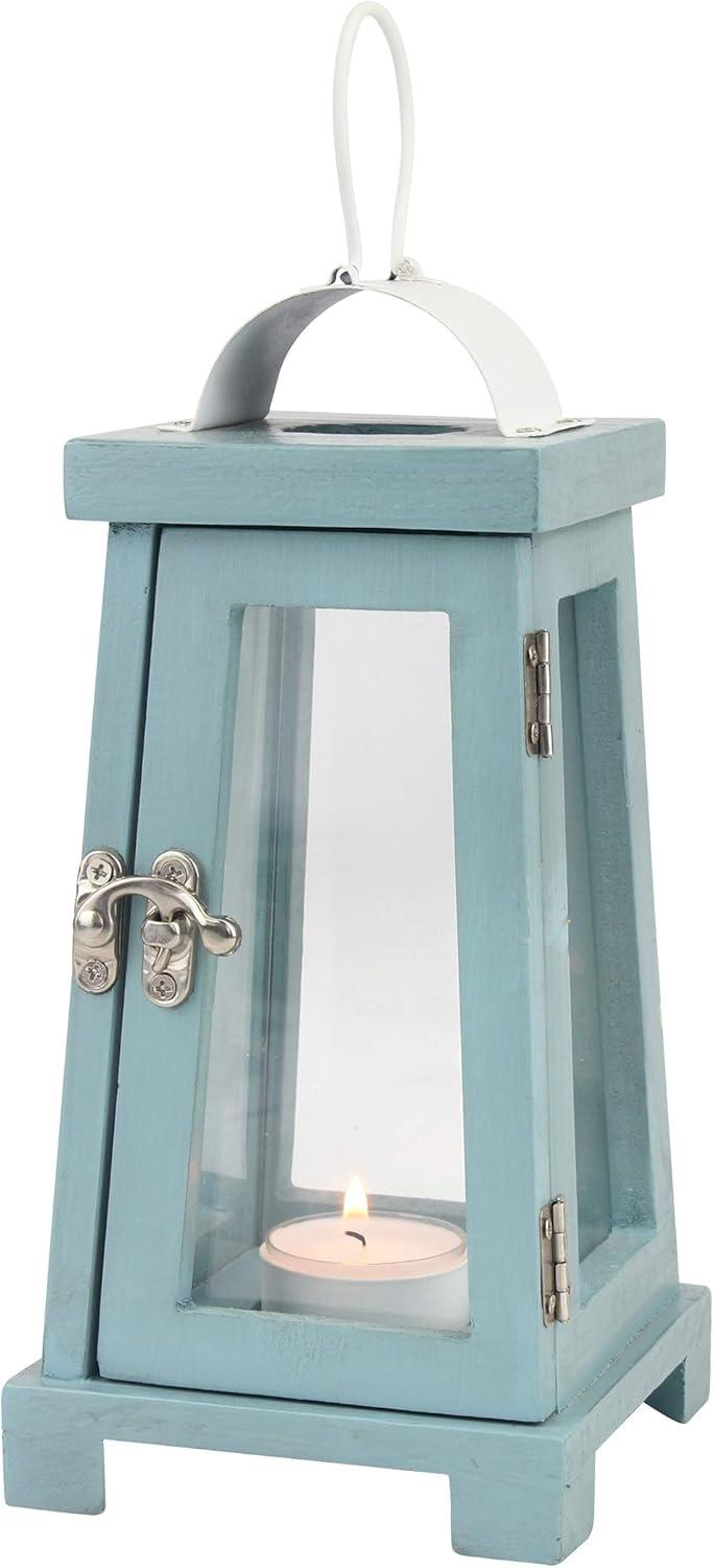 Nautical Blue Painted Wood Tabletop Hurricane Candle Lantern