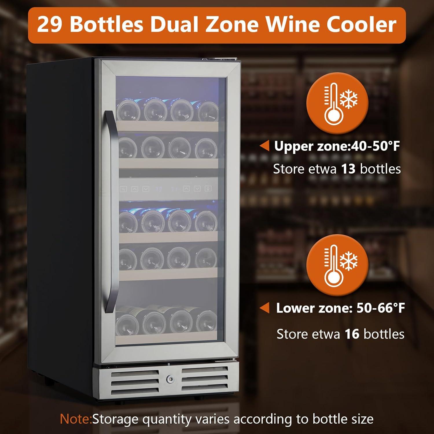 15 Inch Wine Cooler Under Counter, 29 Bottle Dual Zone Wine Fridge Wine Refrigerator with Stainless Steel Digital Temperature Control, Temperature Memory, Built-in or Freestanding Wine Cellar