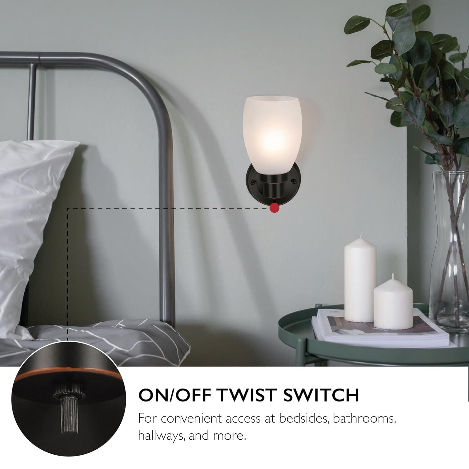 Design House 588814-Orb Lydia Transitional 1-Light Indoor Wall Light Dimmable with a White Frosted Glass Shade and Twist On/Off Switch for Hallway Foyer Bathroom, Oil Rubbed Bronze