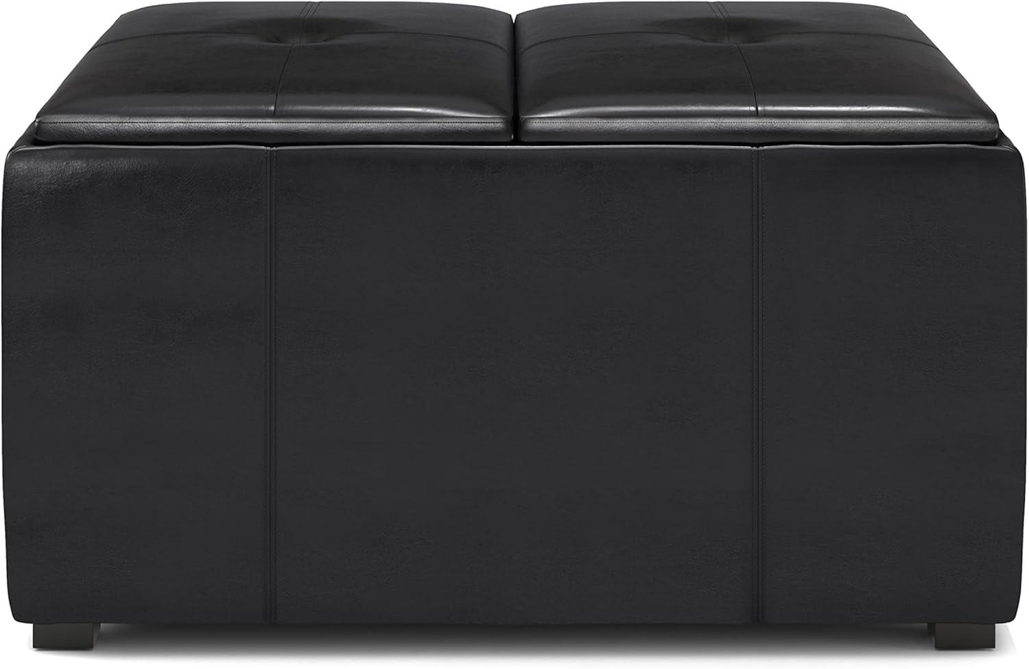 Simpli Home Avalon 34in.W Coffee Table Storage Ottoman in Midnight Black Faux Air Leather