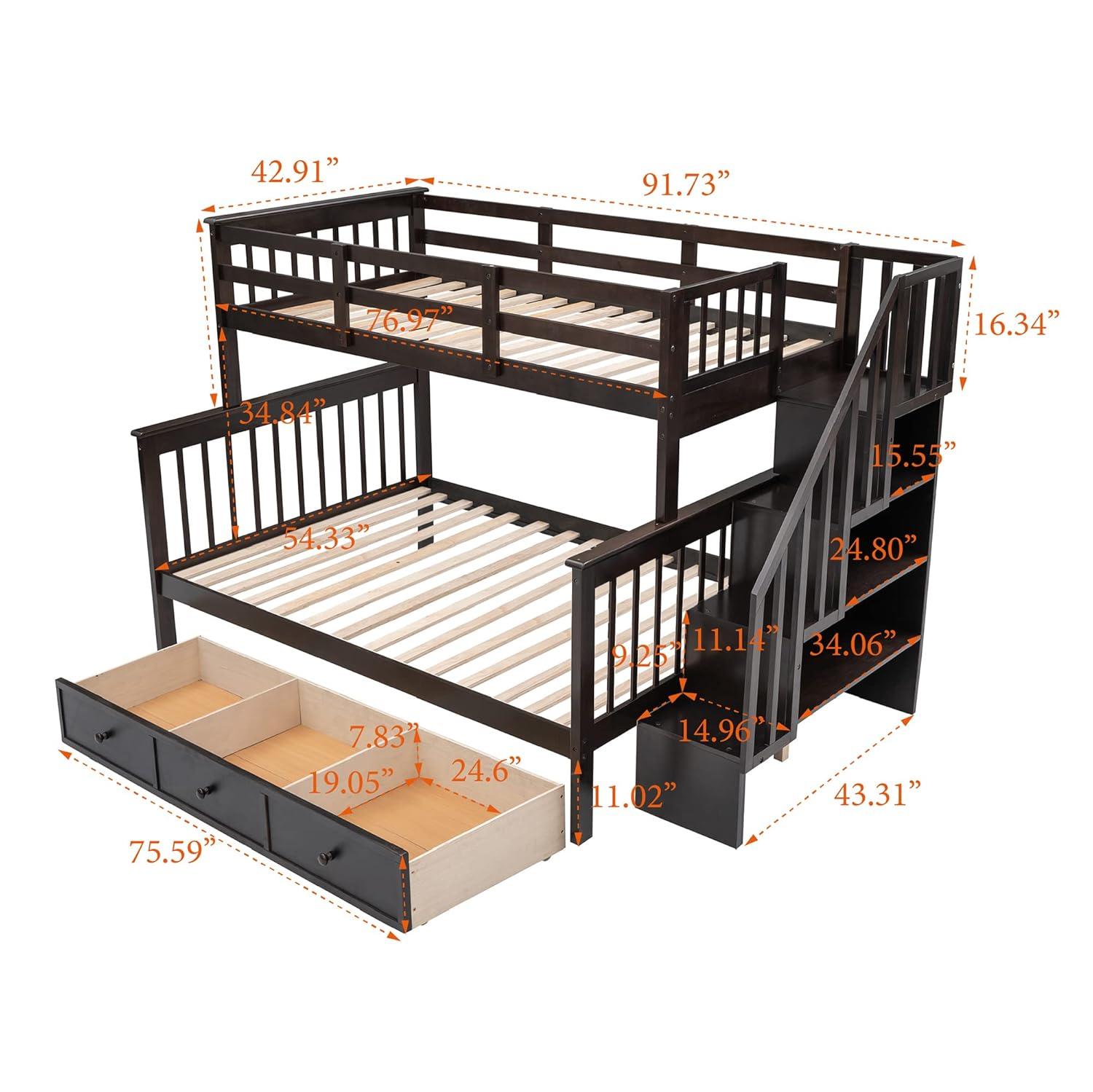 Twin Over Full Bunk Bed Frame With Storage Drawers, Shelves, Guardrails and Stairs for Kids, Teens and Adults - Espresso