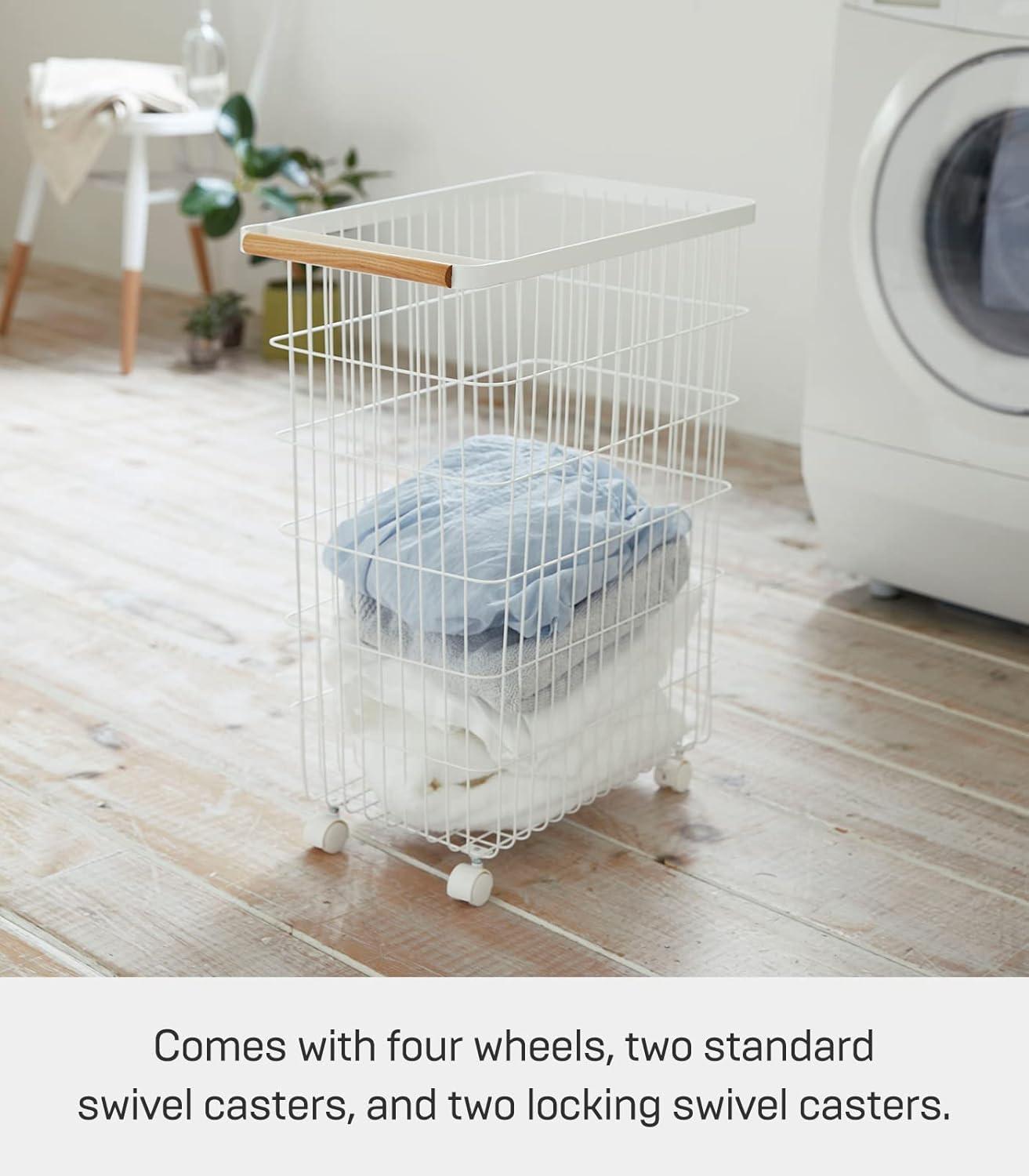 Yamazaki Home Slim Rolling Laundry Basket Hamper, Steel + Wood, 14.5 gallons, Handles, Wheels