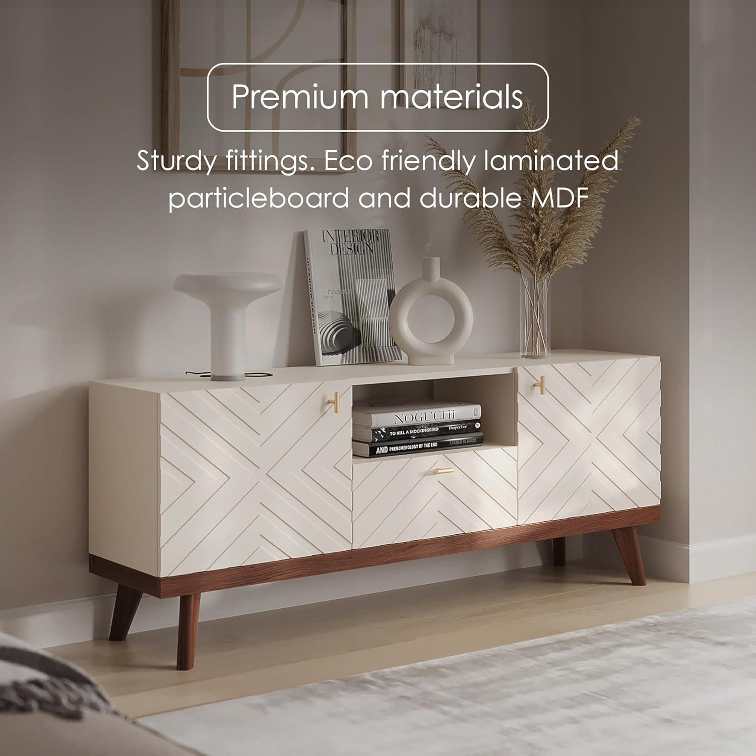 Living Skog  Alba Beige TV Stand Console with Drawer Fits TV's up to 65 in. with Wood Legs Mid Century Modern Design Beige Laminate Up to 240 lbs