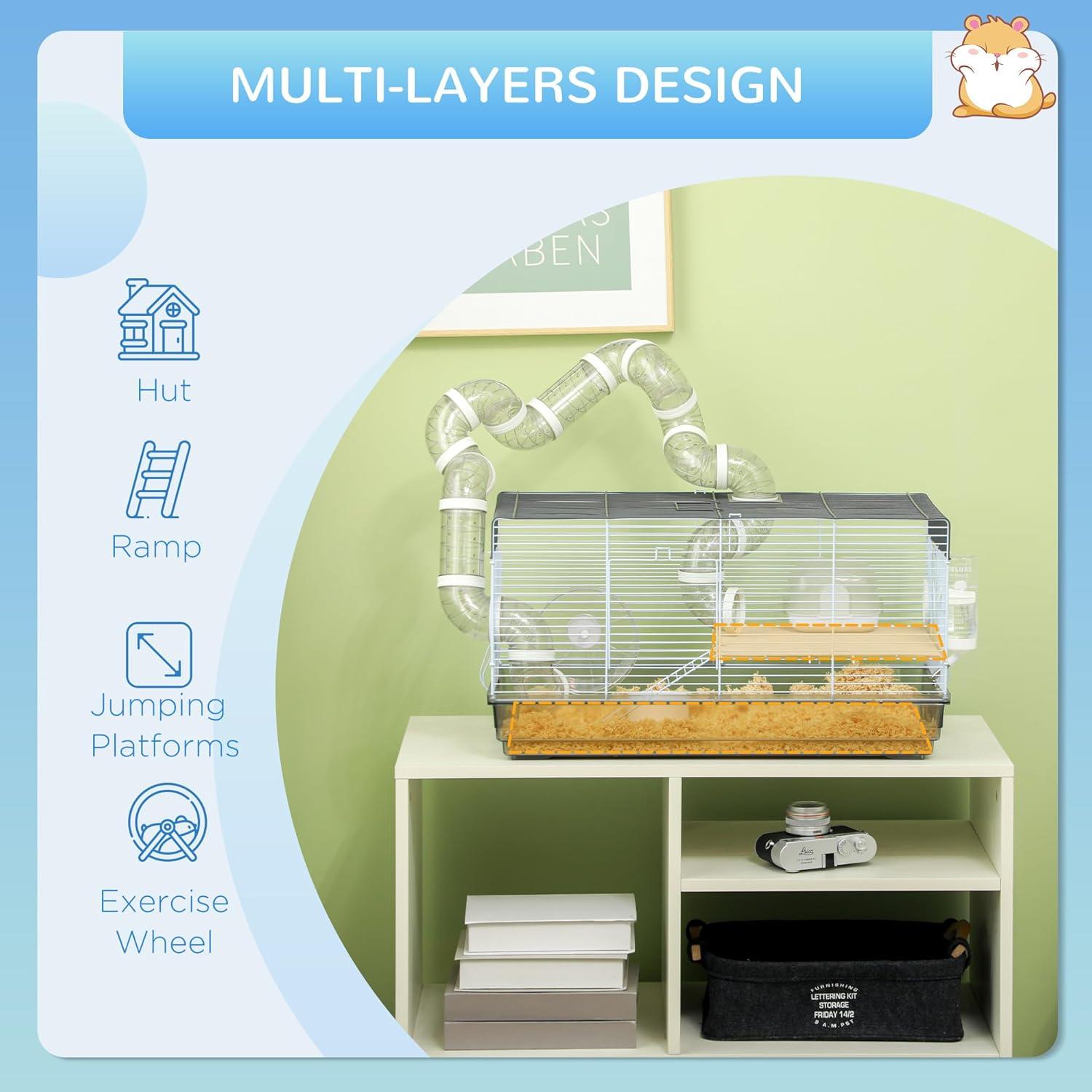 PawHut 2 Levels Hamster Cage for Gerbil or Dwarf Hamster with Tube Tunnels, Exercise Wheel, Food Dish, Water Bottle, Ramp, 23" x 13" x 12", Gray