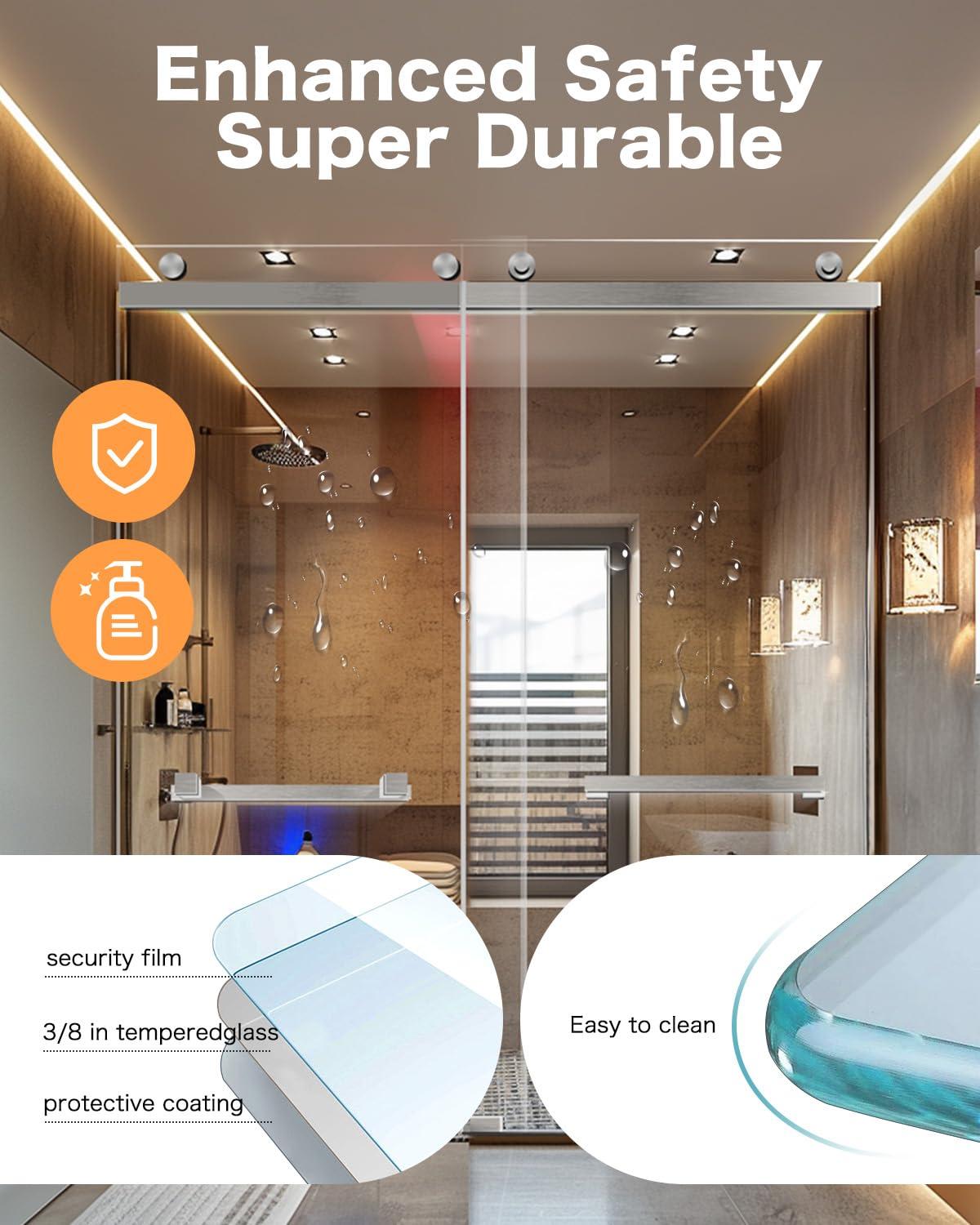 68-72" W x 76" L Frameless Double Sliding Shower Door - Soft-Close Feature, Brushed Nickel, 3/8" (10mm) Thick SGCC Tempered Glass Door with Explosion-Proof Film