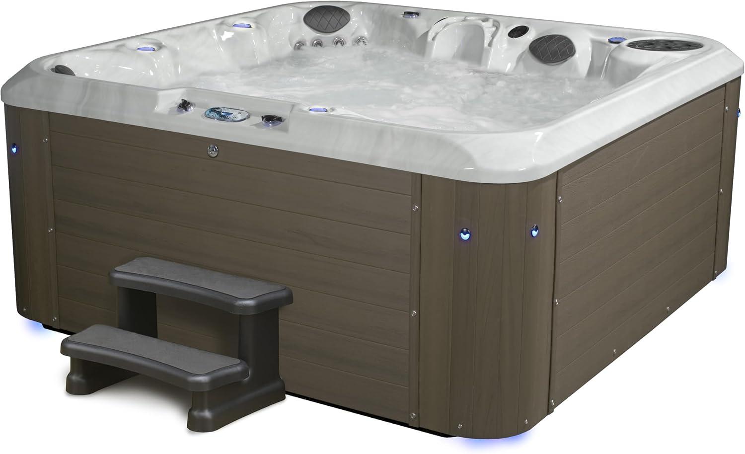 Amplified 6-Person 100-Jet Double-Lounger Hot Tub Spa with Bluetooth Stereo, 3 Pumps, LED Lighting, Stainless Steel Heater and Ozonator, Insulated Cover and Steps Included