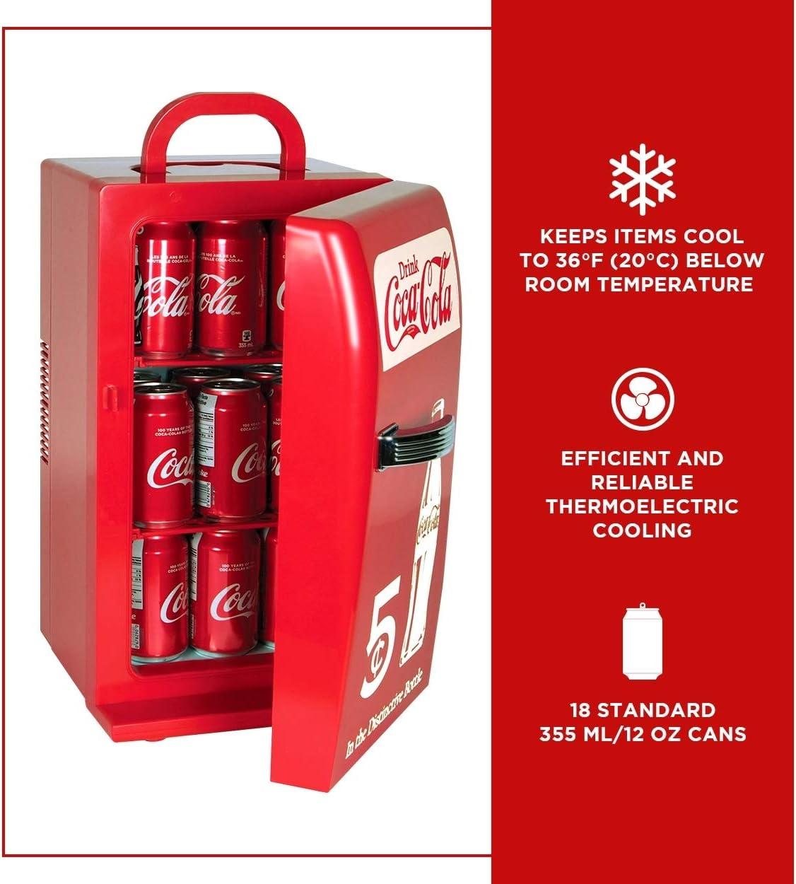 Coca-Cola Retro 18 Can Mini Fridge w/ 12V DC and 110V AC Cords, 22L (23 qt), Portable Cooler, Red, Travel Fridge for Drinks