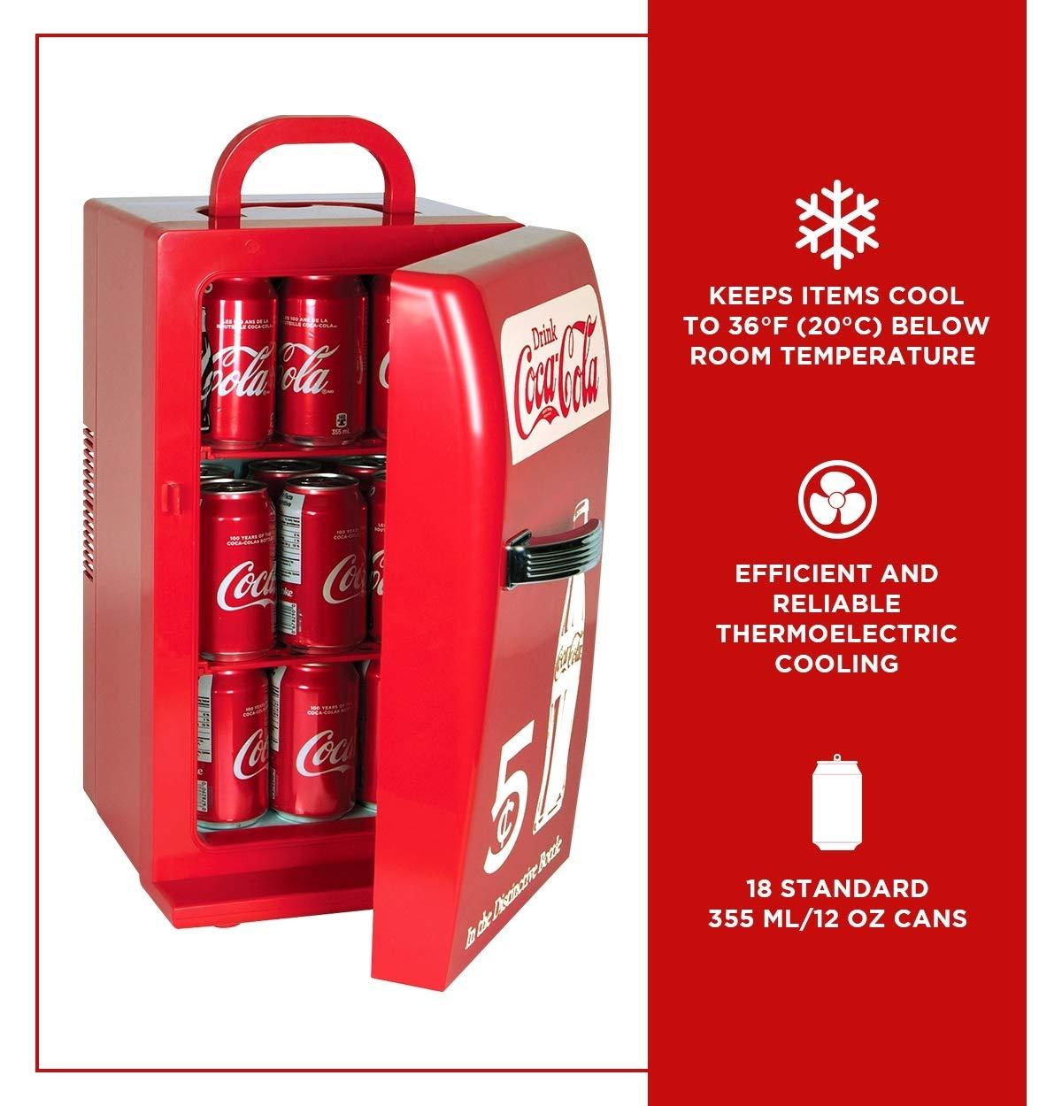 Coca-Cola Retro 18 Can Mini Fridge w/ 12V DC and 110V AC Cords, 22L (23 qt), Portable Cooler, Red, Travel Fridge for Drinks