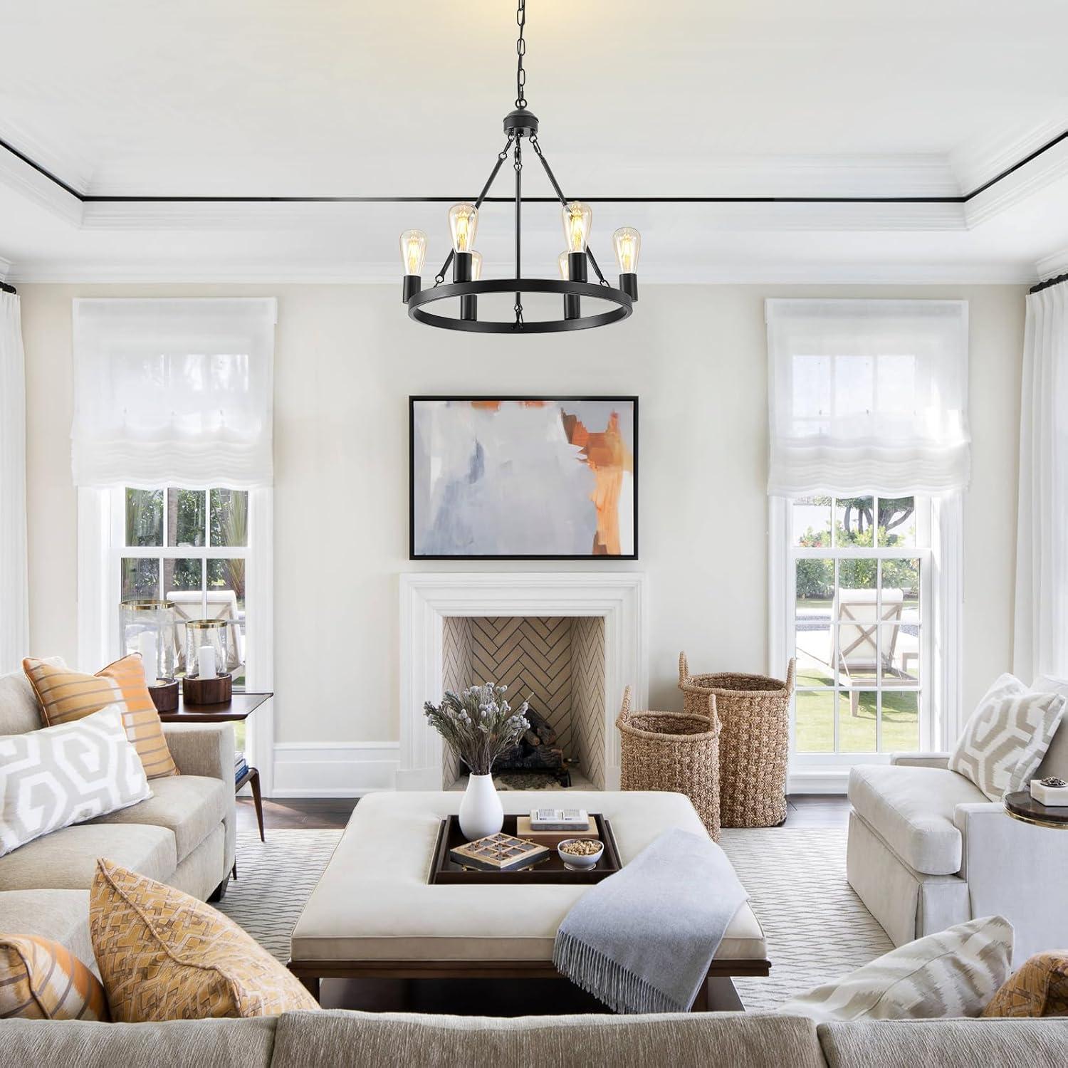 Farmhouse 6 Lights Black Wagon Wheel Chandelier,Modern Vintage Round Pendant Light Fixture for Dining Room,Living Room, Entryway Foyer Kitchen Island, E26