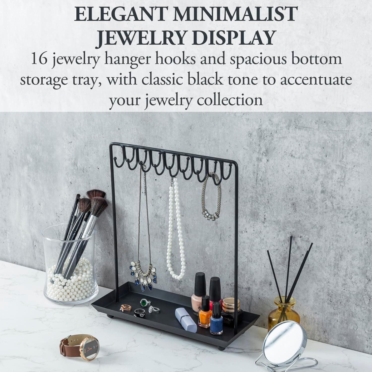 Black Metal 14-Inch Jewelry Organizer Stand with Hooks and Tray