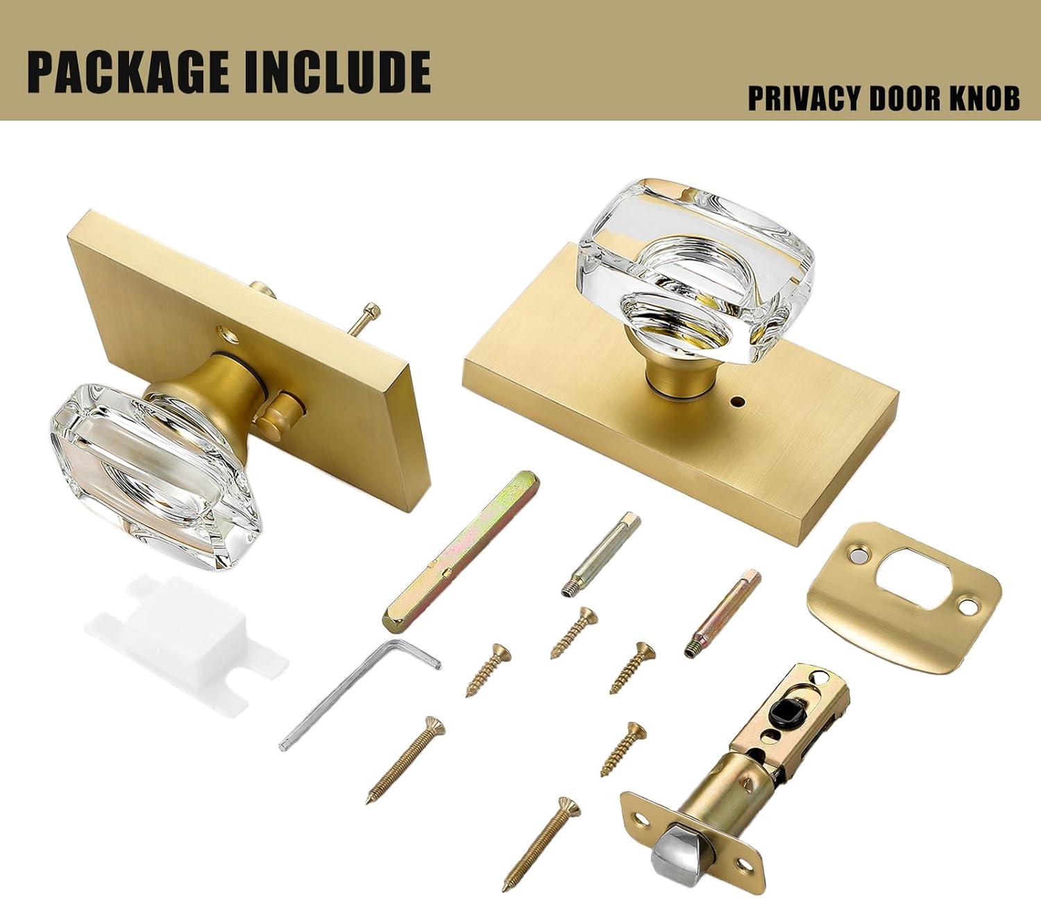 Clear Glass Crystal Door Knobs Interior,Octagon Gold Door Knob,Bathroom Bedroom Privacy Door Knobs with Lock,Satin Brass