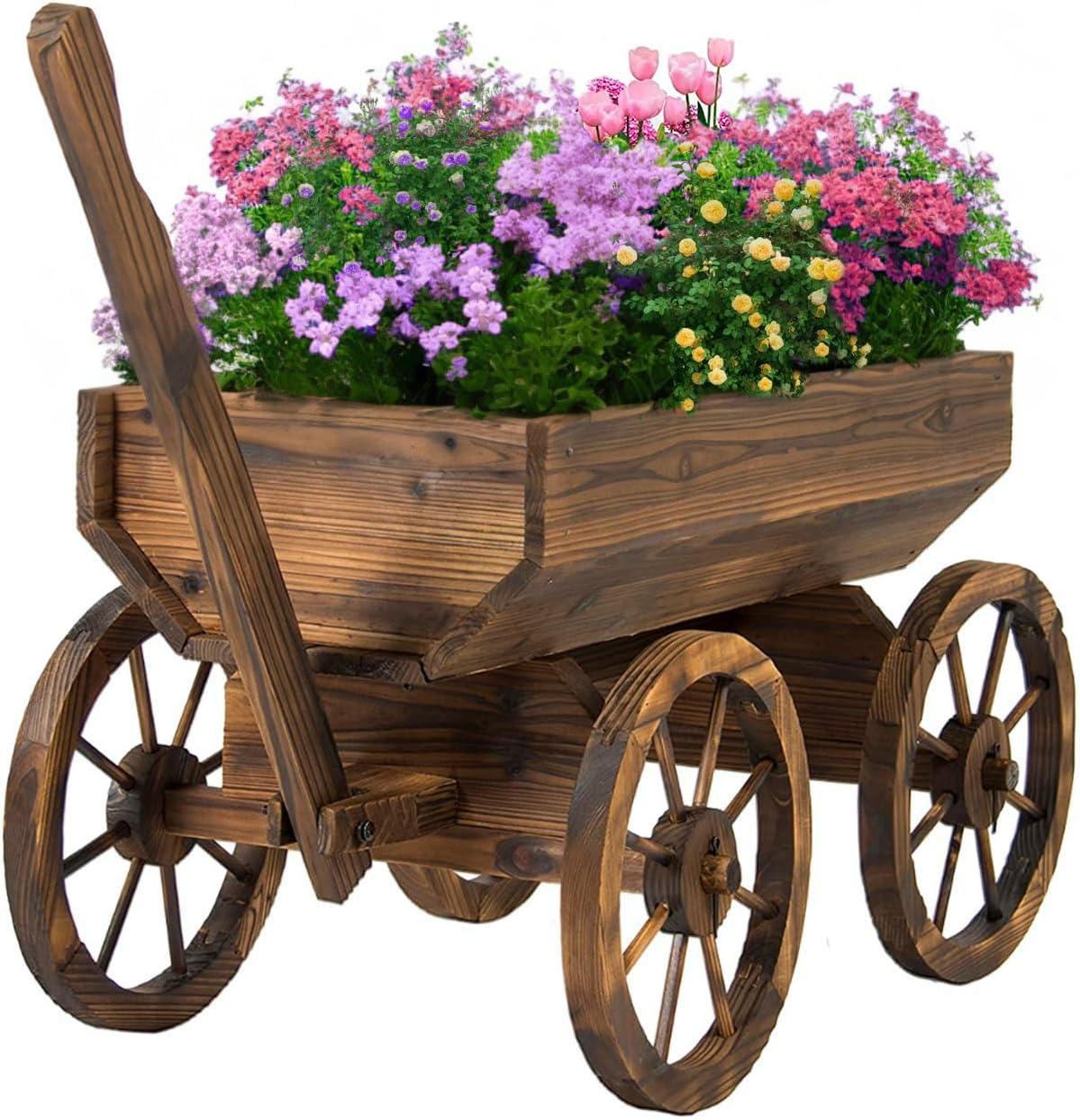 Rustic Cedar Wood Wagon Planter with Wheels for Outdoor Use